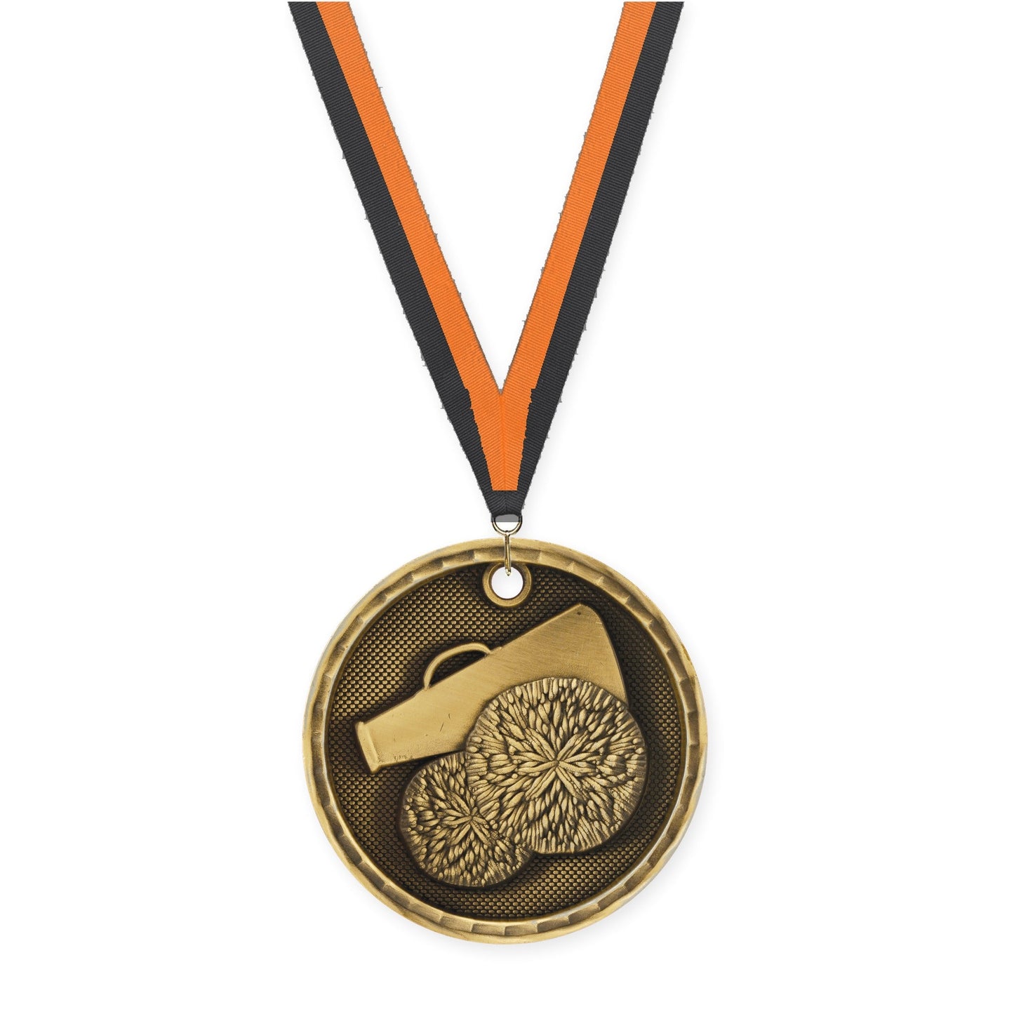 2 inch cheerleading 3-D medal in antique gold with Black Orange neck ribbon
