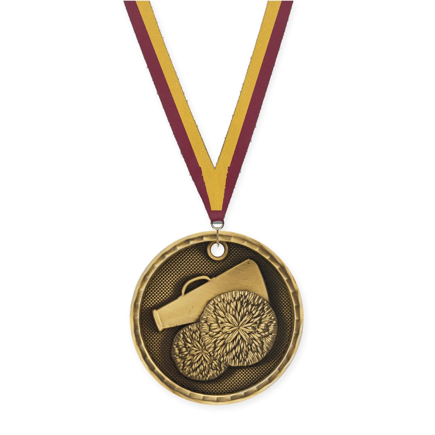 2 inch cheerleading 3-D medal in antique gold with Maroon Gold neck ribbon