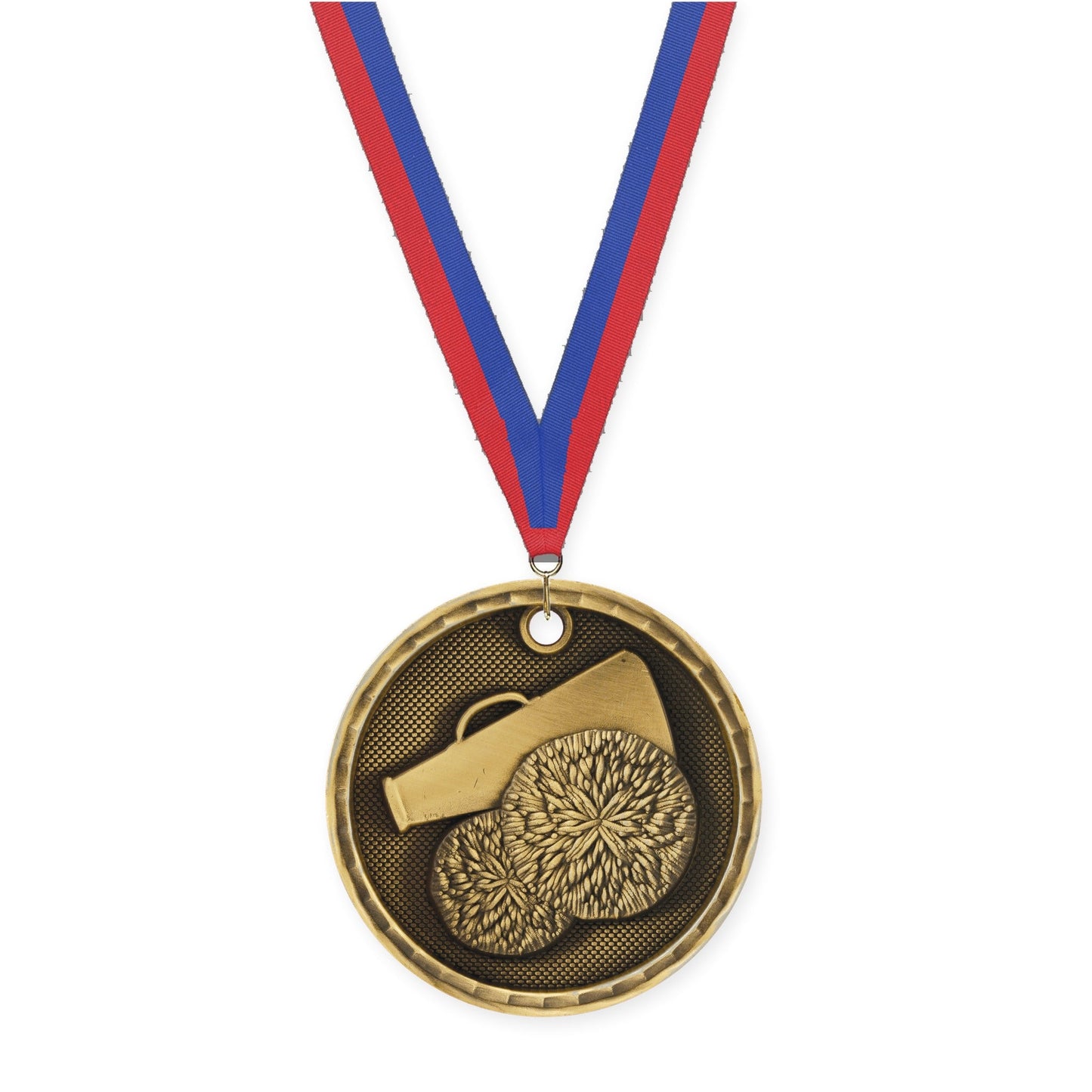 2 inch cheerleading 3-D medal in antique gold with Blue Red neck ribbon