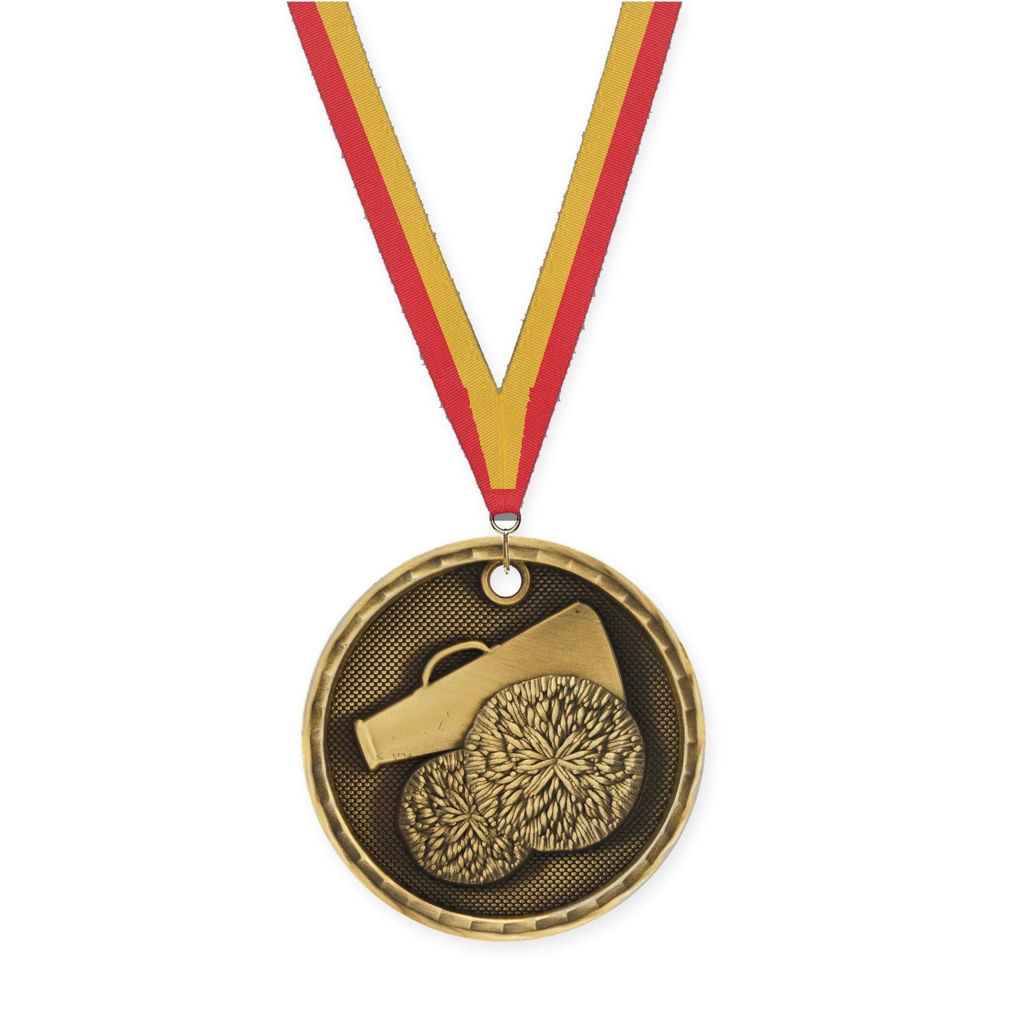 2 inch cheerleading 3-D medal in antique gold with Red Gold neck ribbon