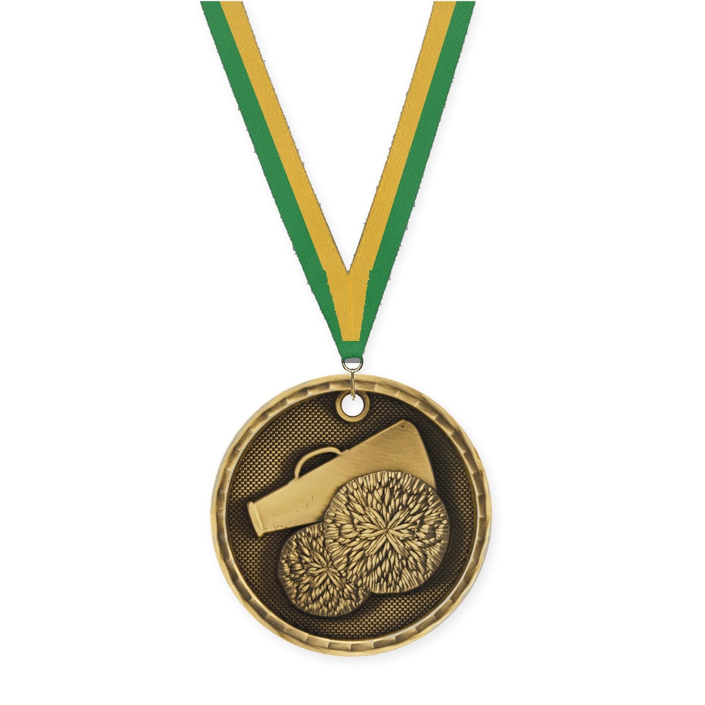 2 inch cheerleading 3-D medal in antique gold with Green Gold neck ribbon