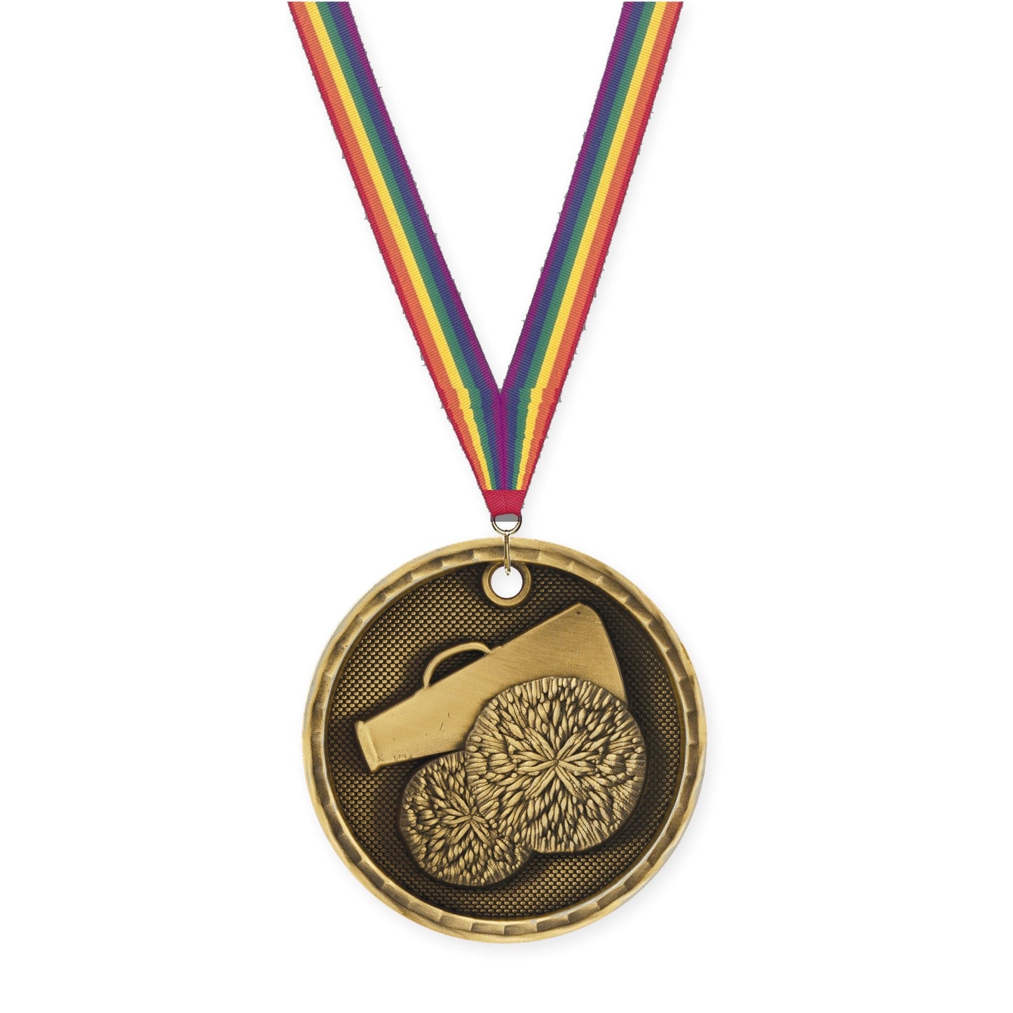 2 inch cheerleading 3-D medal in antique gold with Rainbow neck ribbon