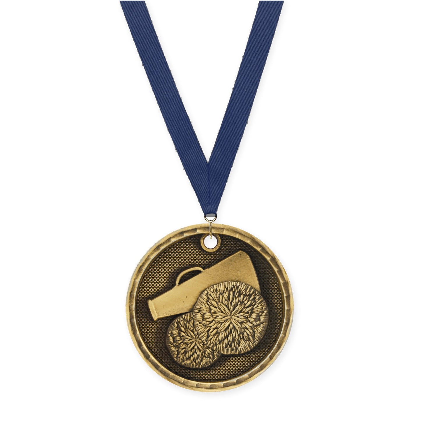 2 inch cheerleading 3-D medal in antique gold with Navy neck ribbon