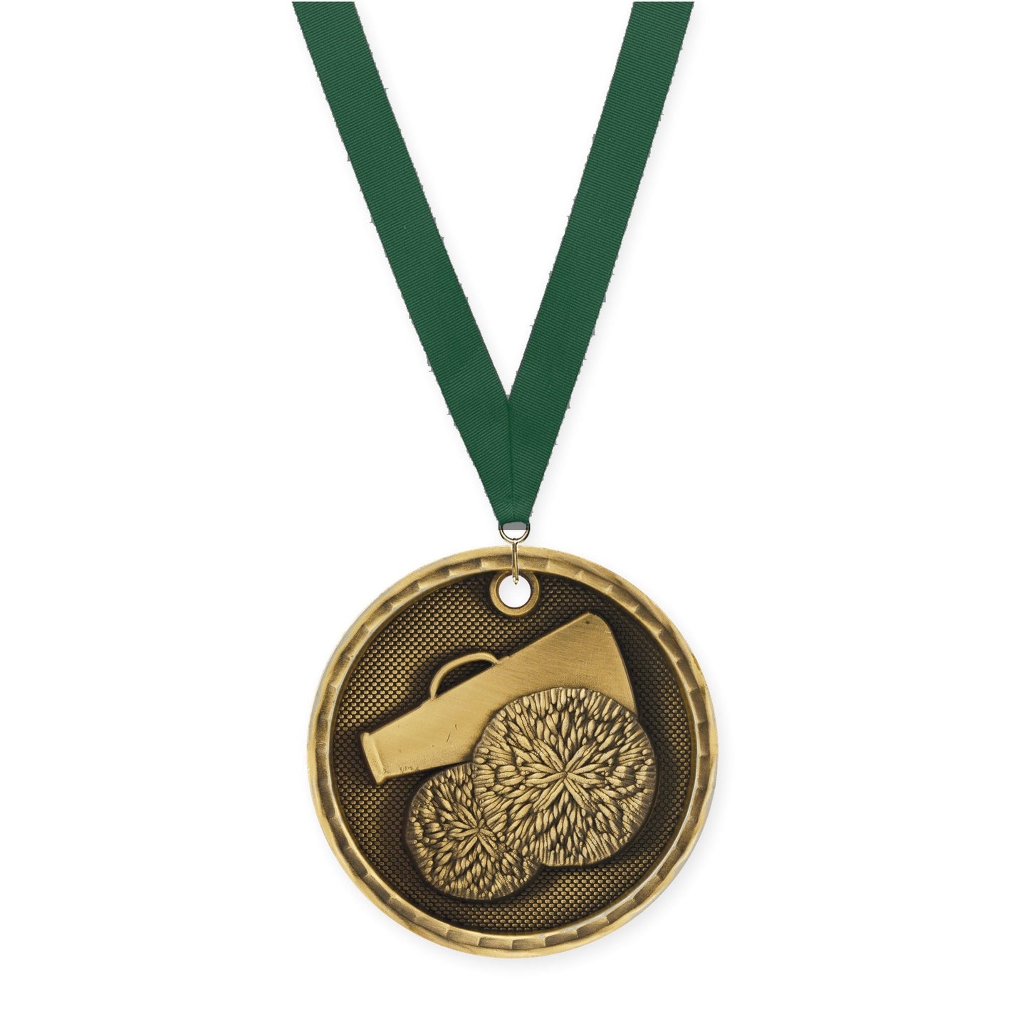 2 inch cheerleading 3-D medal in antique gold with Hunter Green neck ribbon