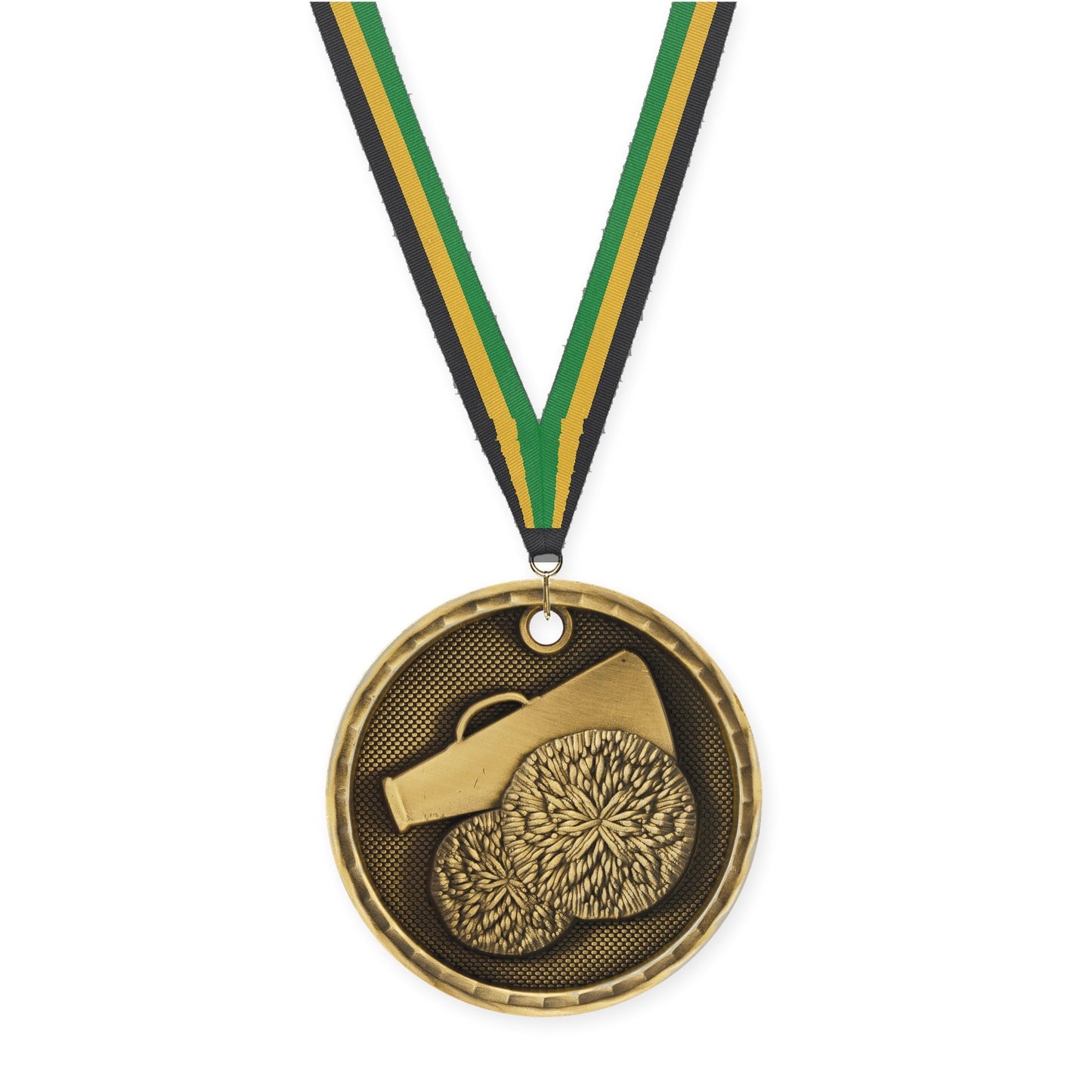 2 inch cheerleading 3-D medal in antique gold with Black Gold Green neck ribbon