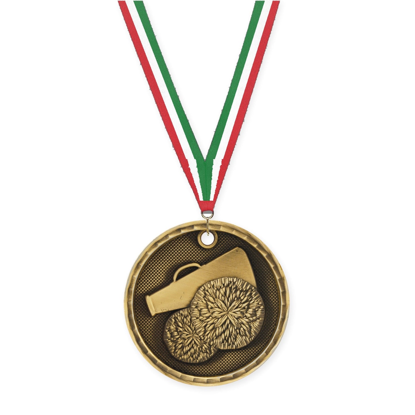 2 inch cheerleading 3-D medal in antique gold with Red White Green neck ribbon