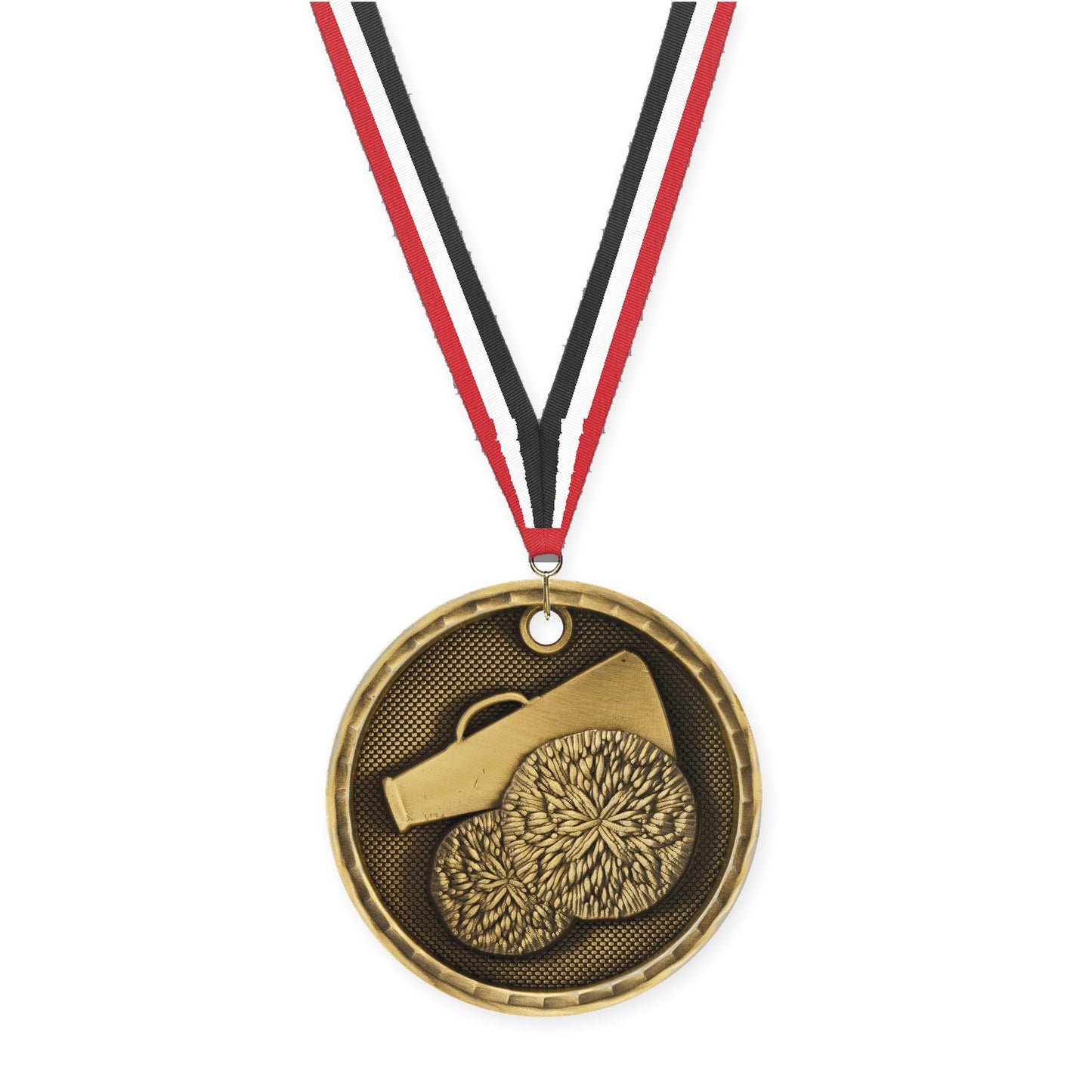 2 inch cheerleading 3-D medal in antique gold with Red White Black neck ribbon