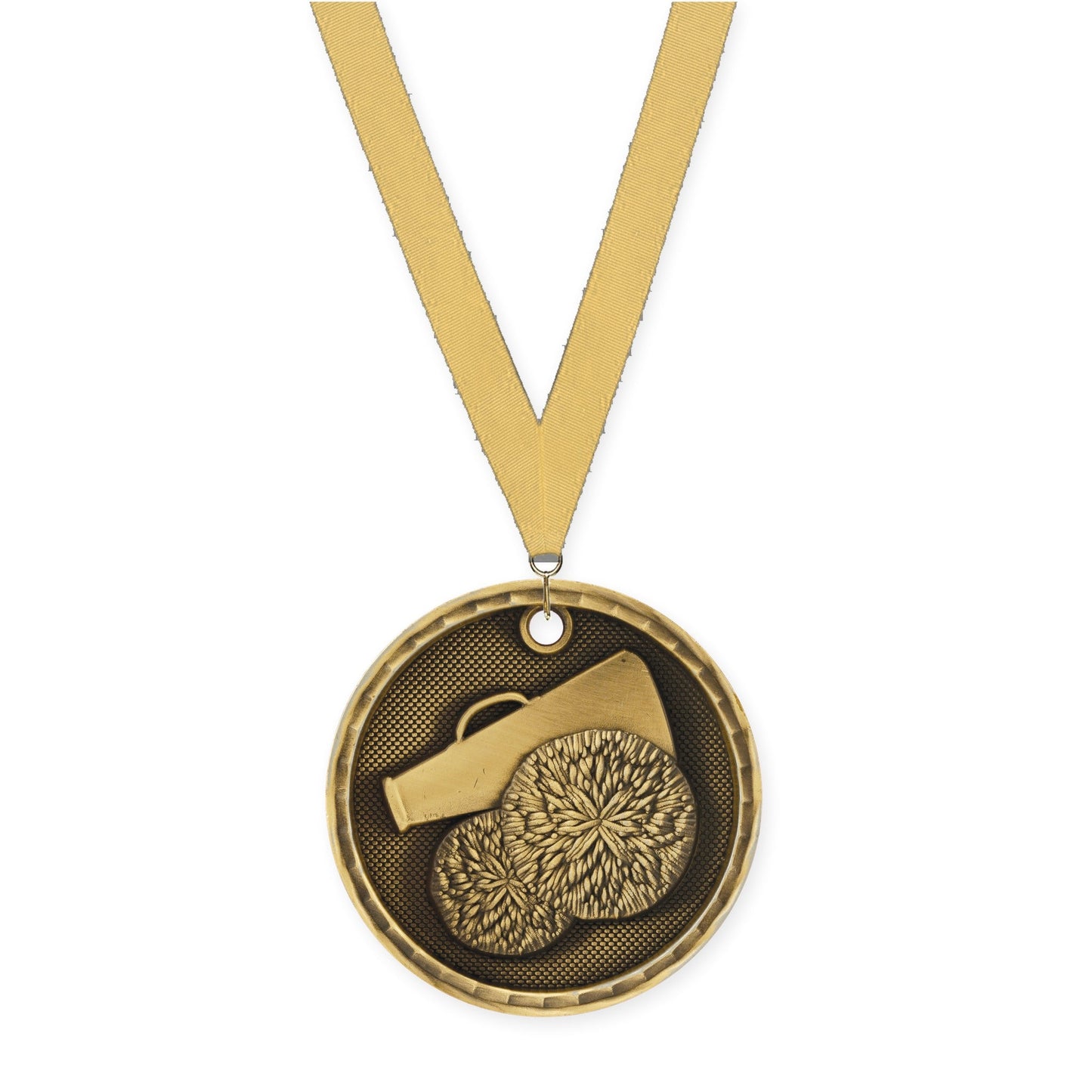 2 inch cheerleading 3-D medal in antique gold with Gold Metallic neck ribbon
