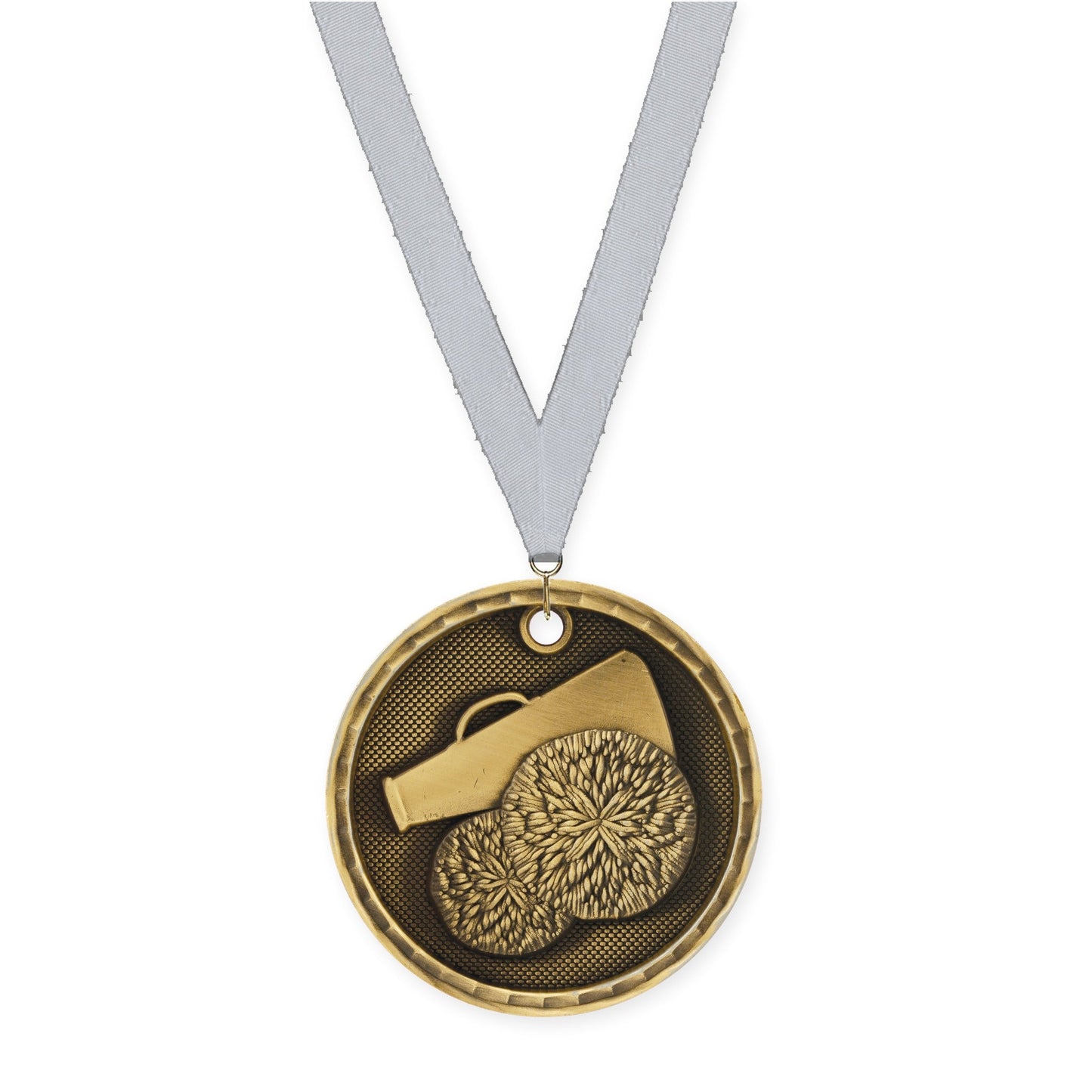 2 inch cheerleading 3-D medal in antique gold with Silver Metallic neck ribbon