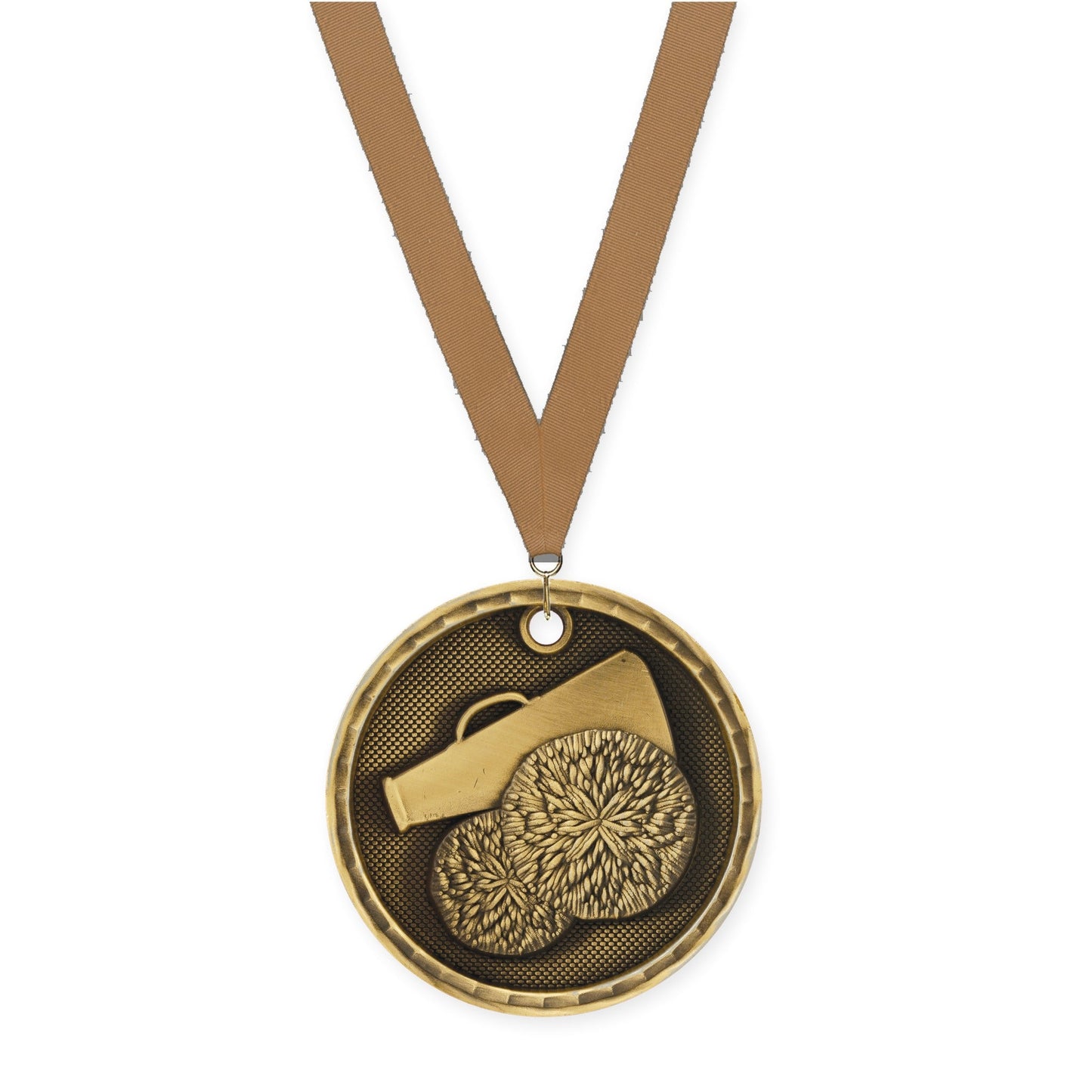 2 inch cheerleading 3-D medal in antique gold with Bronze Metallic neck ribbon