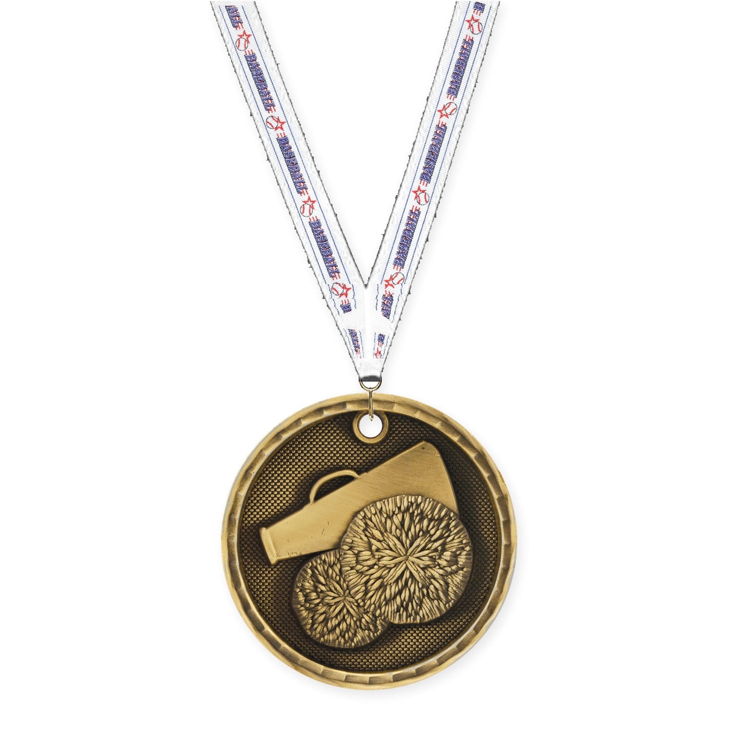 2 inch cheerleading 3-D medal in antique gold with Baseball neck ribbon