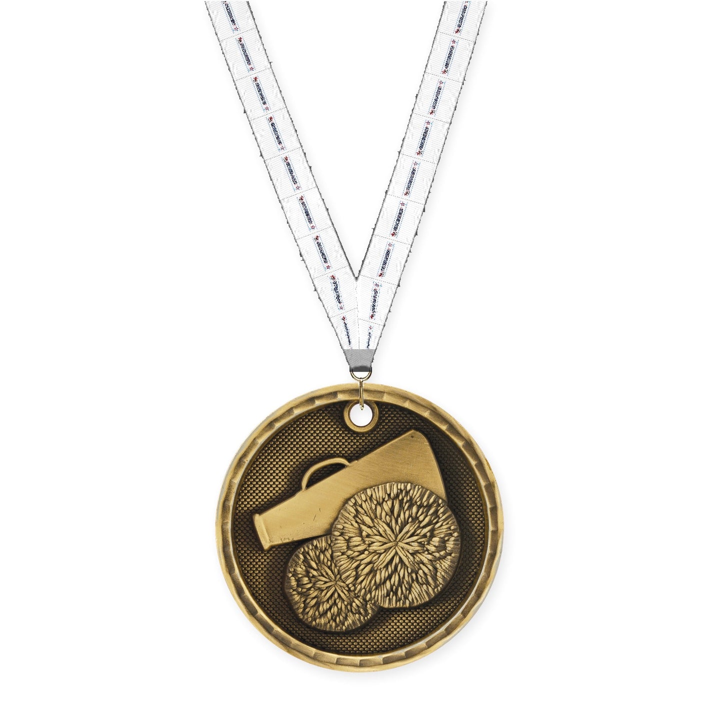 2 inch cheerleading 3-D medal in antique gold with Gymnastics neck ribbon