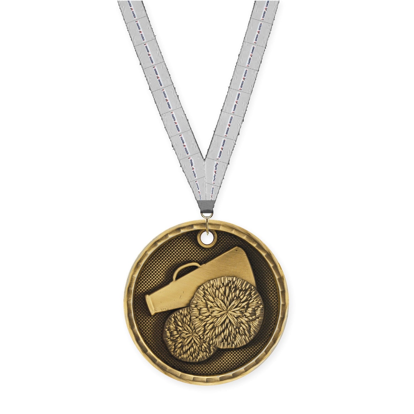 2 inch cheerleading 3-D medal in antique gold with Auto Racing neck ribbon