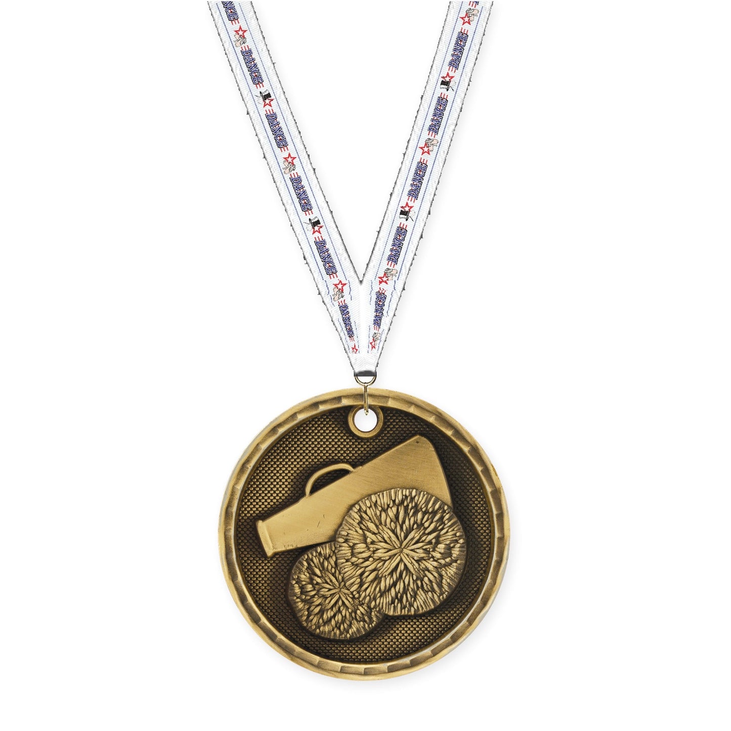 2 inch cheerleading 3-D medal in antique gold with Dance neck ribbon