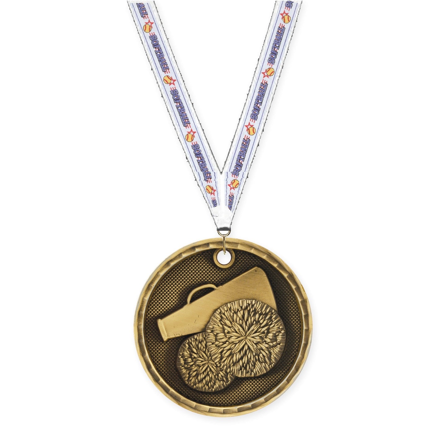 2 inch cheerleading 3-D medal in antique gold with Softball neck ribbon