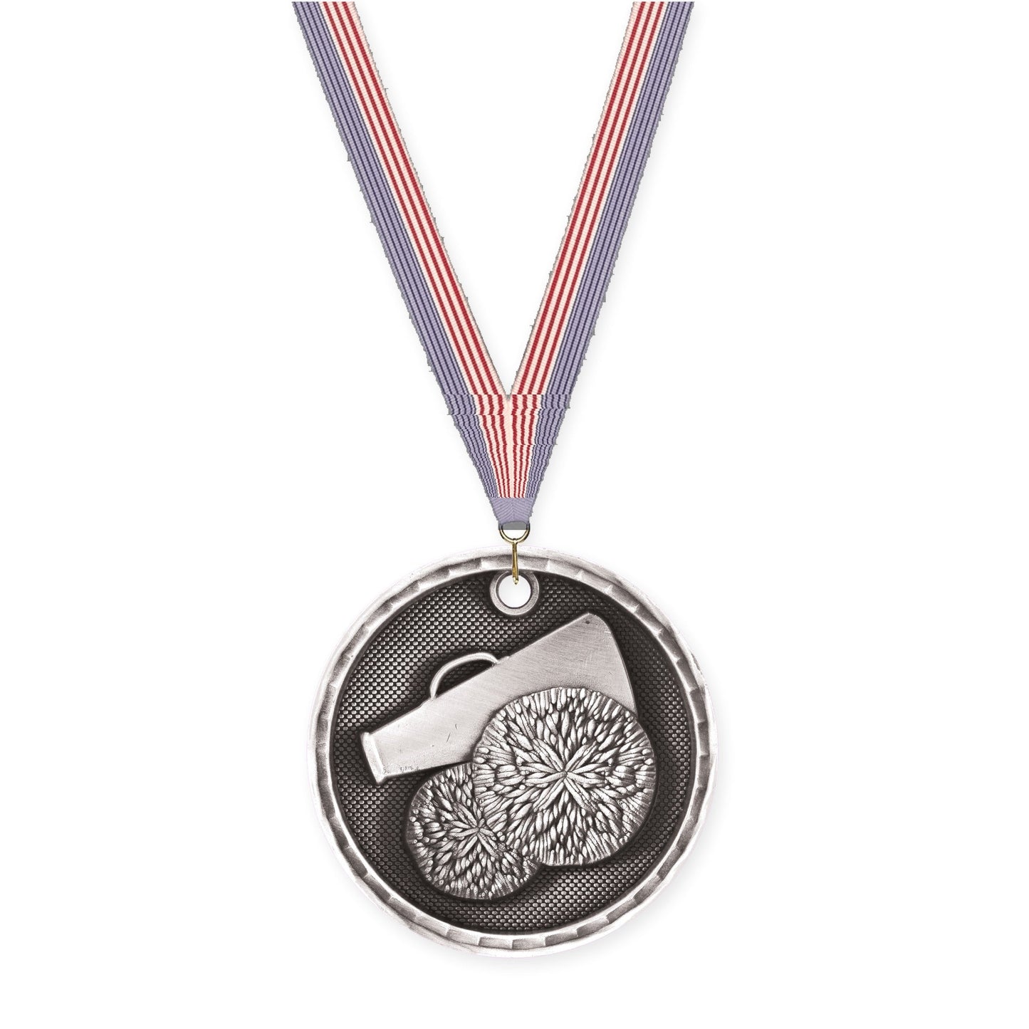 2 inch cheerleading 3-D medal in antique silver with USA Flag neck ribbon