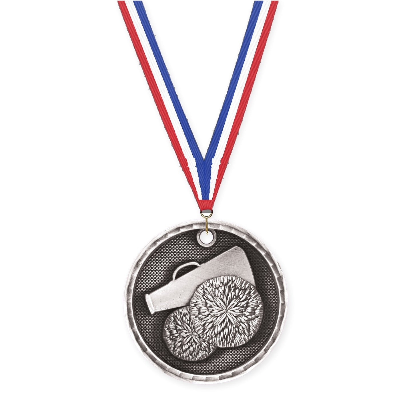 2 inch cheerleading 3-D medal in antique silver with Red White Blue neck ribbon