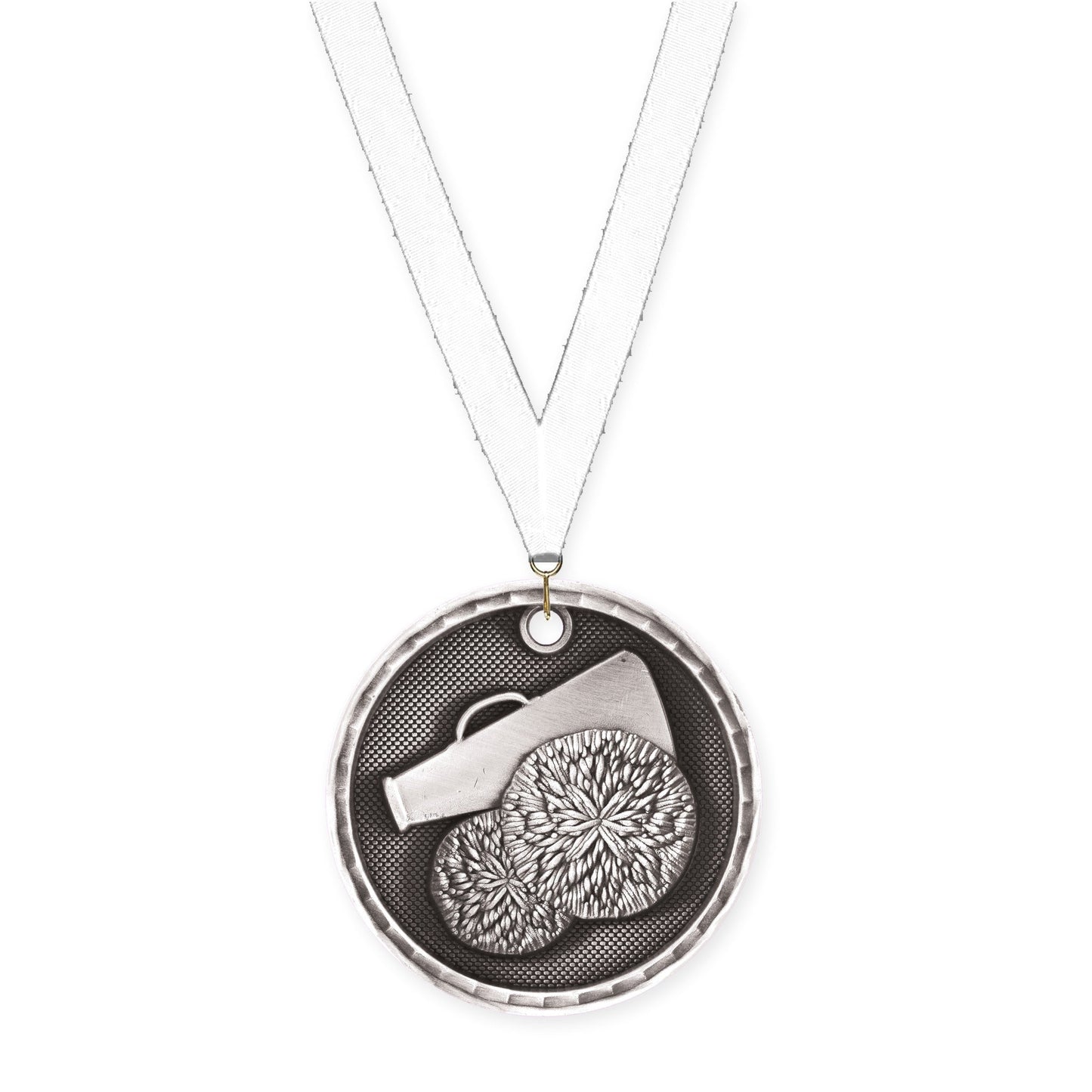2 inch cheerleading 3-D medal in antique silver with White neck ribbon