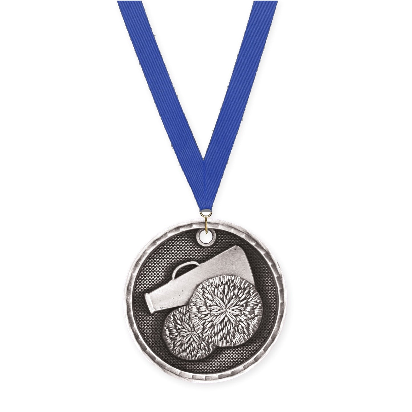 2 inch cheerleading 3-D medal in antique silver with Blue neck ribbon