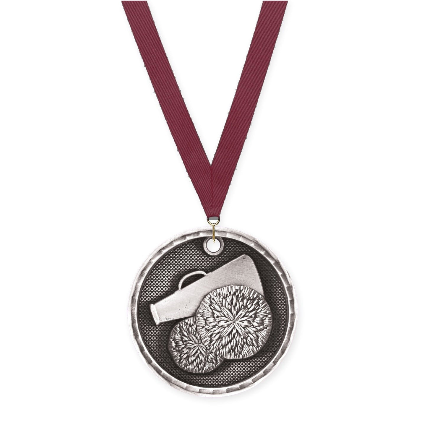 2 inch cheerleading 3-D medal in antique silver with Maroon neck ribbon