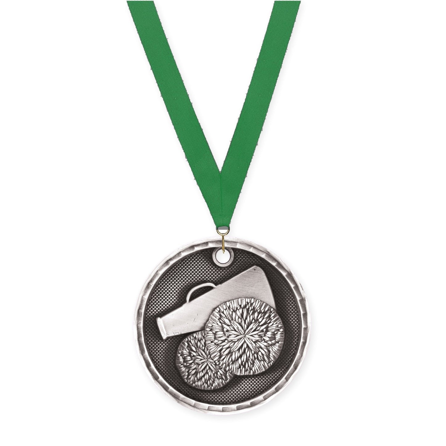 2 inch cheerleading 3-D medal in antique silver with Green neck ribbon