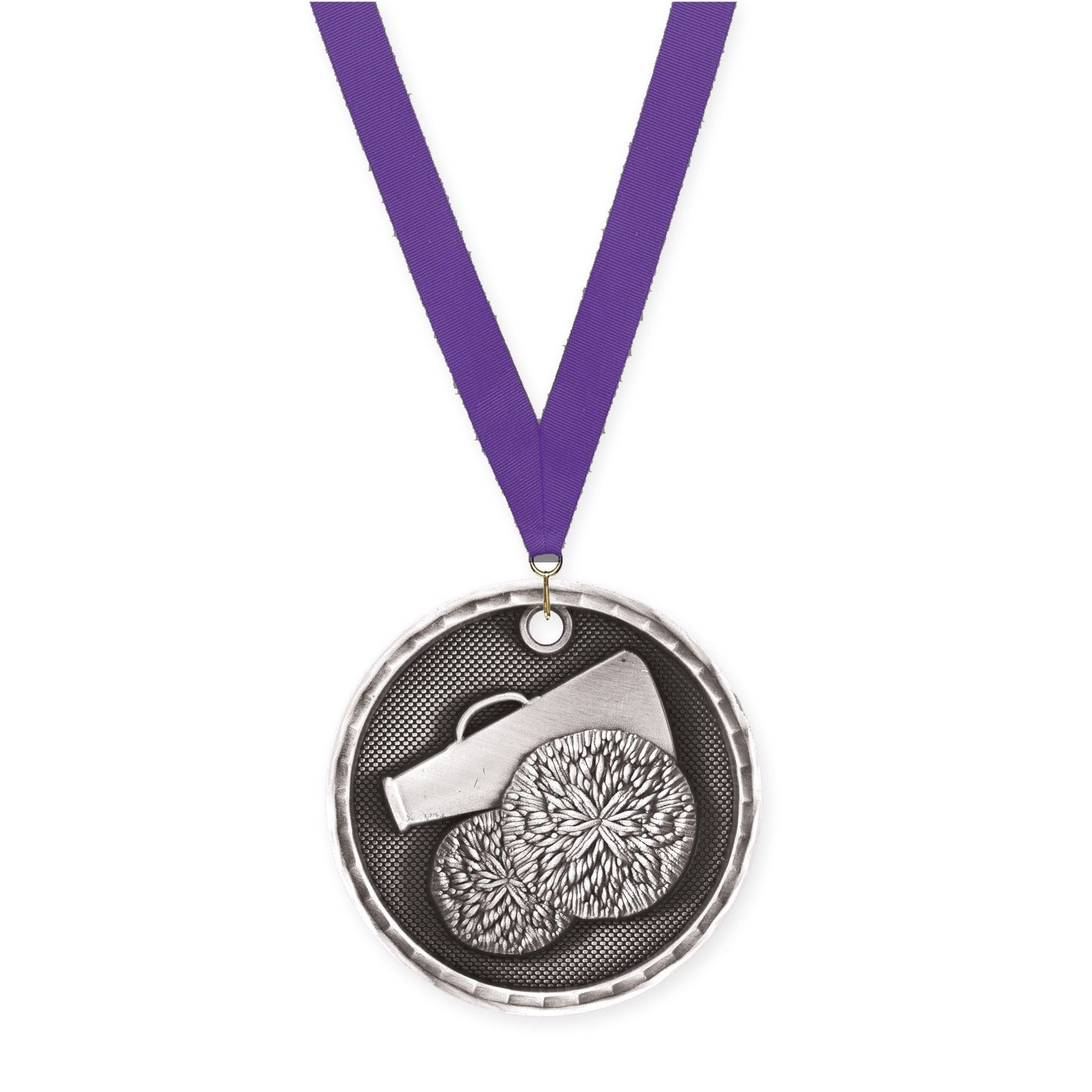 2 inch cheerleading 3-D medal in antique silver with Purple neck ribbon