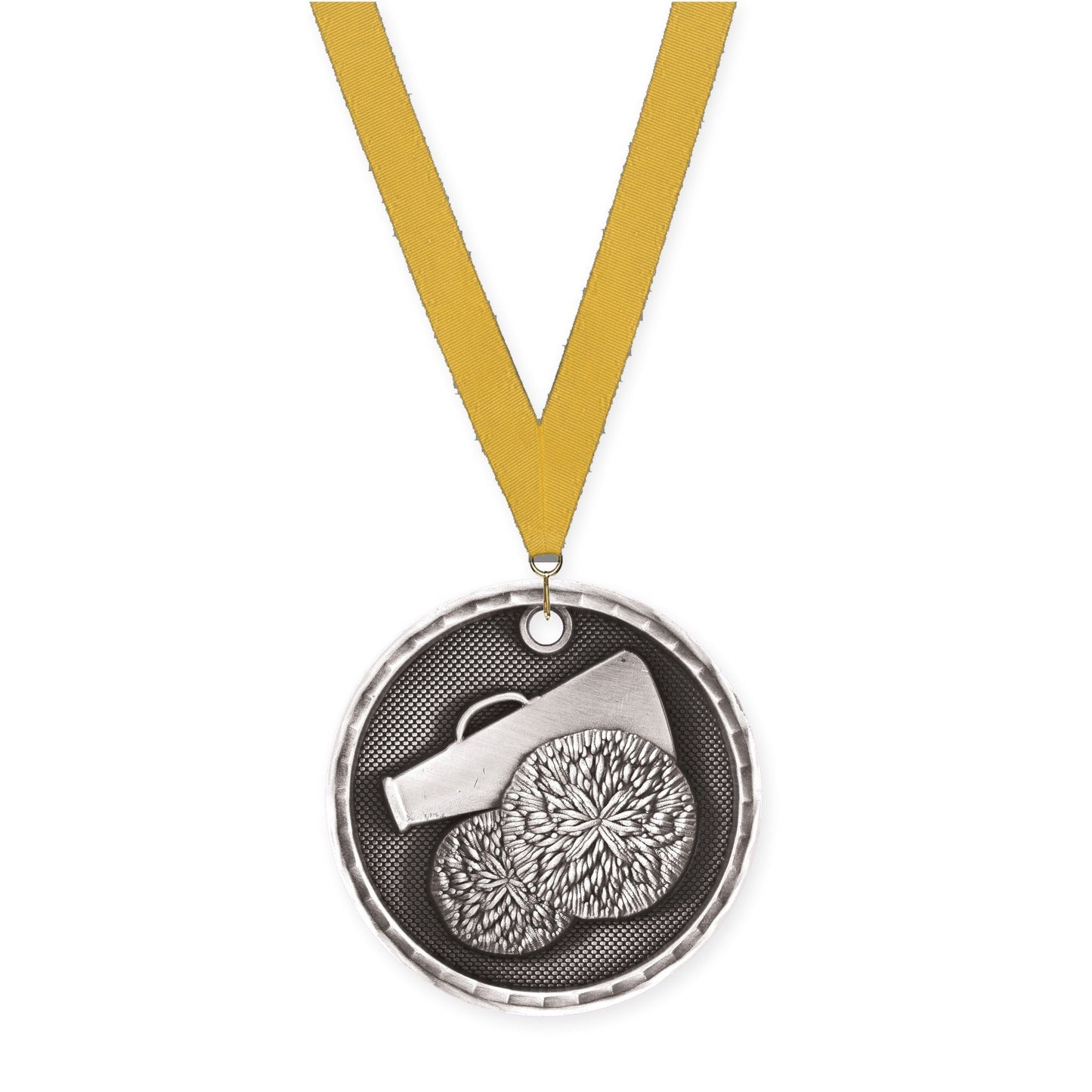 2 inch cheerleading 3-D medal in antique silver with Gold neck ribbon