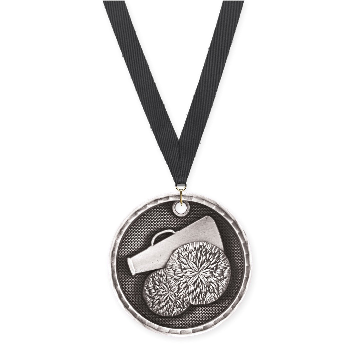 2 inch cheerleading 3-D medal in antique silver with Black neck ribbon