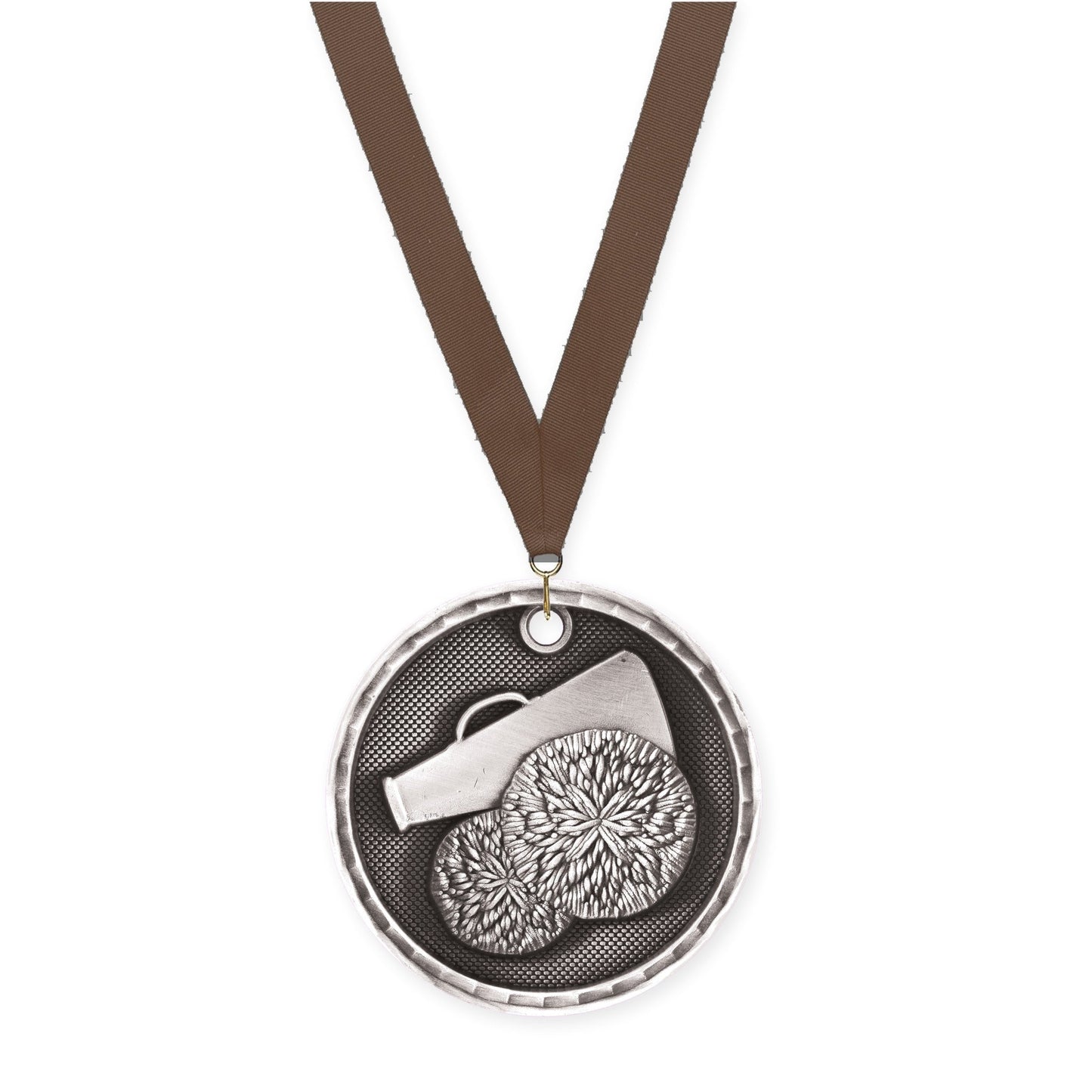 2 inch cheerleading 3-D medal in antique silver with Brown neck ribbon