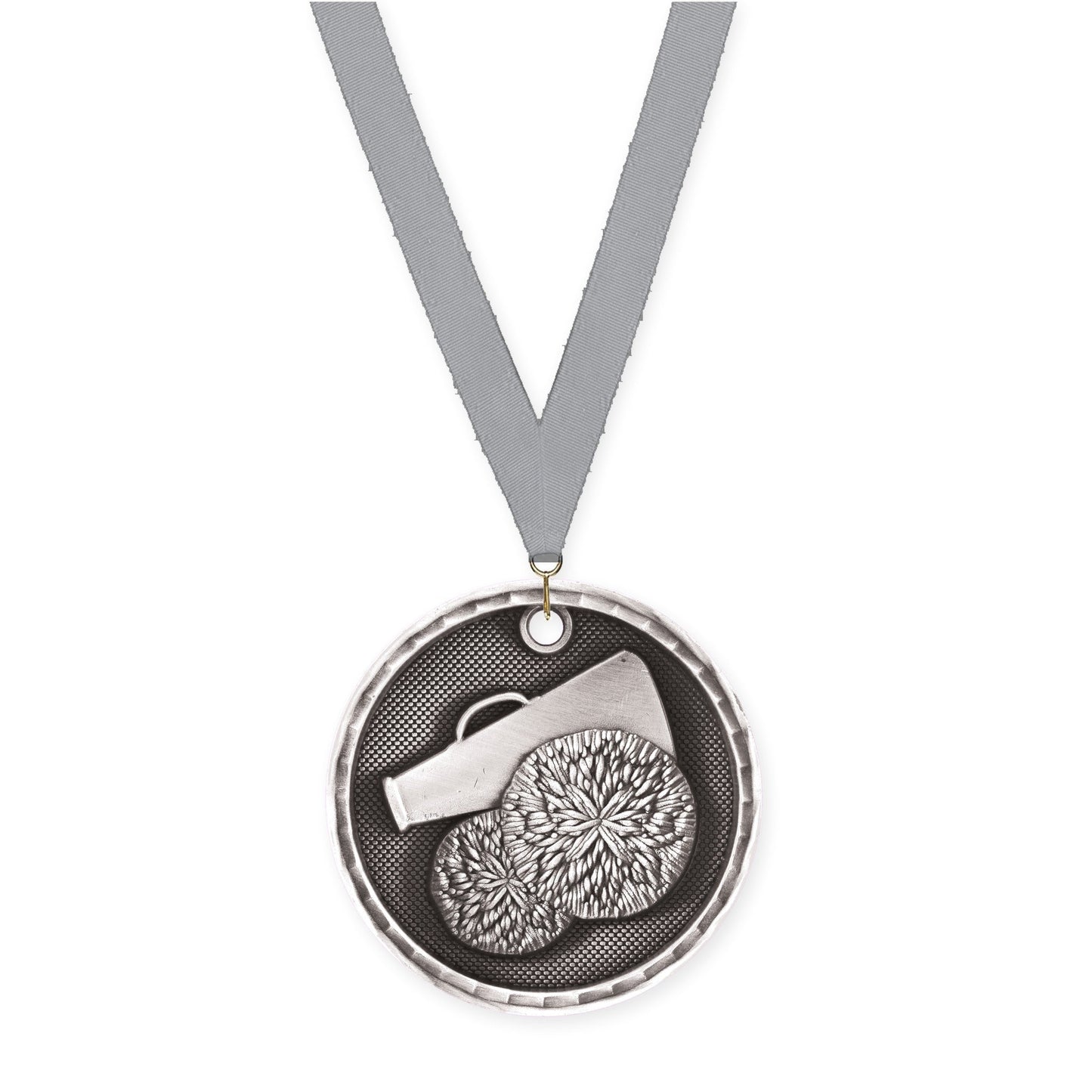 2 inch cheerleading 3-D medal in antique silver with Gray neck ribbon