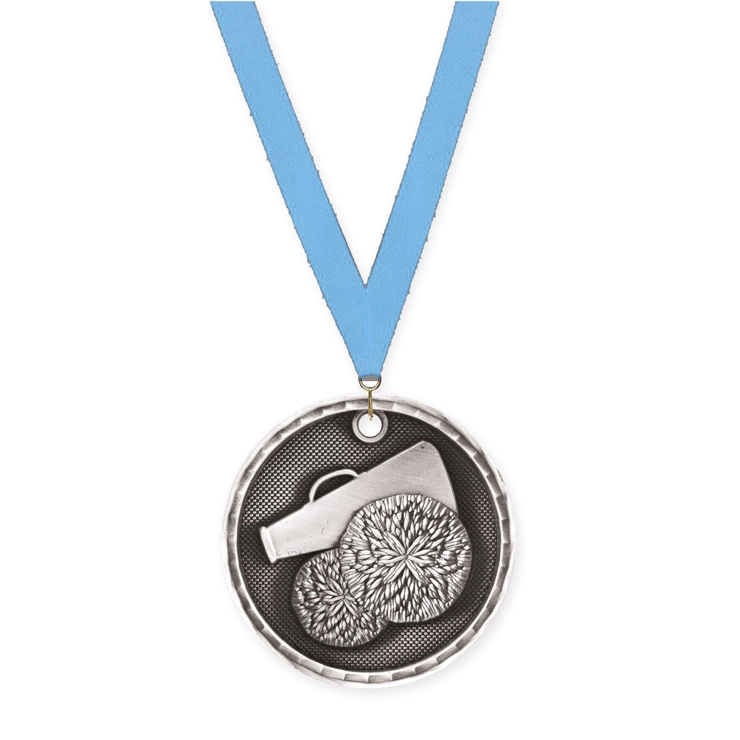 2 inch cheerleading 3-D medal in antique silver with Light Blue neck ribbon