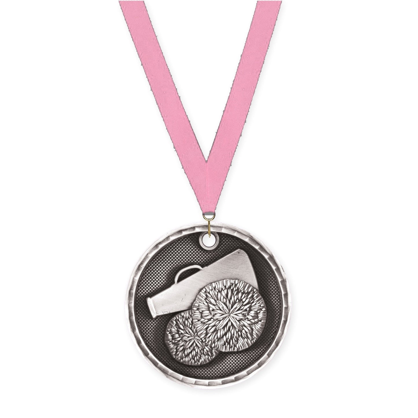 2 inch cheerleading 3-D medal in antique silver with Pink neck ribbon