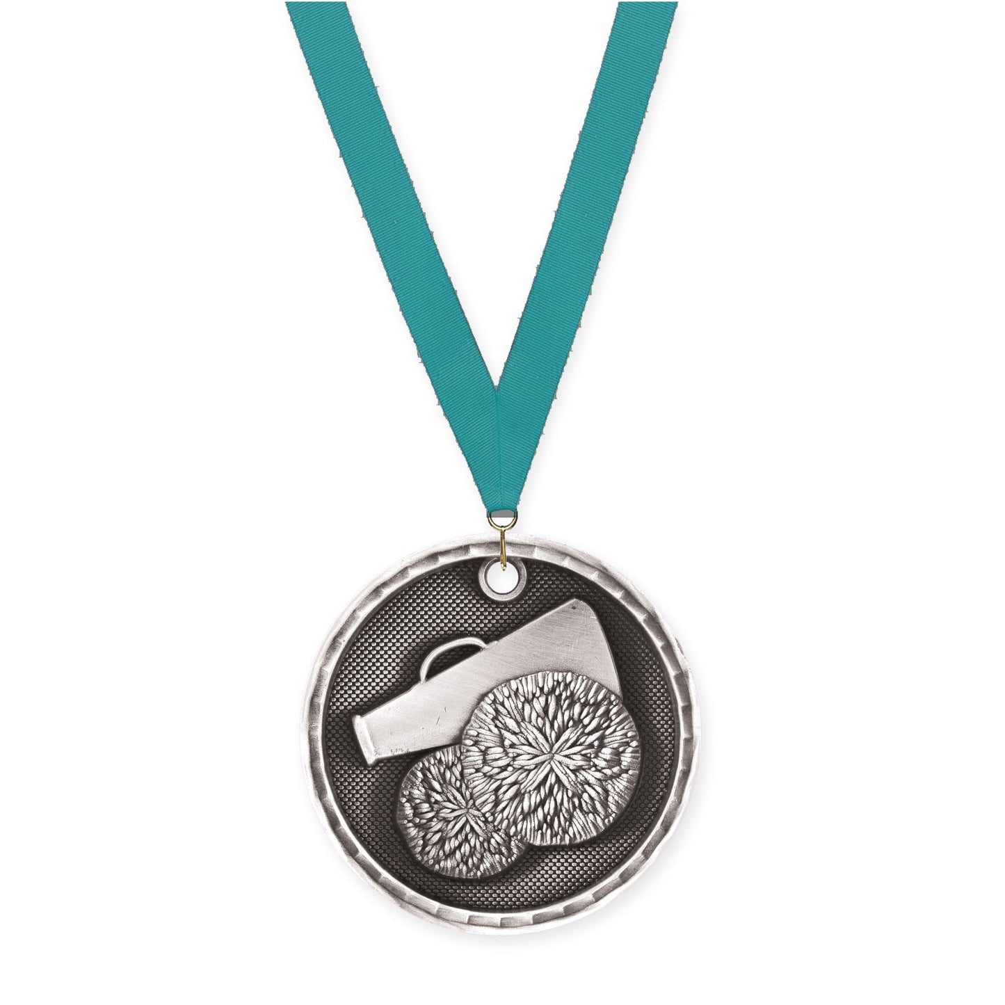 2 inch cheerleading 3-D medal in antique silver with Teal neck ribbon
