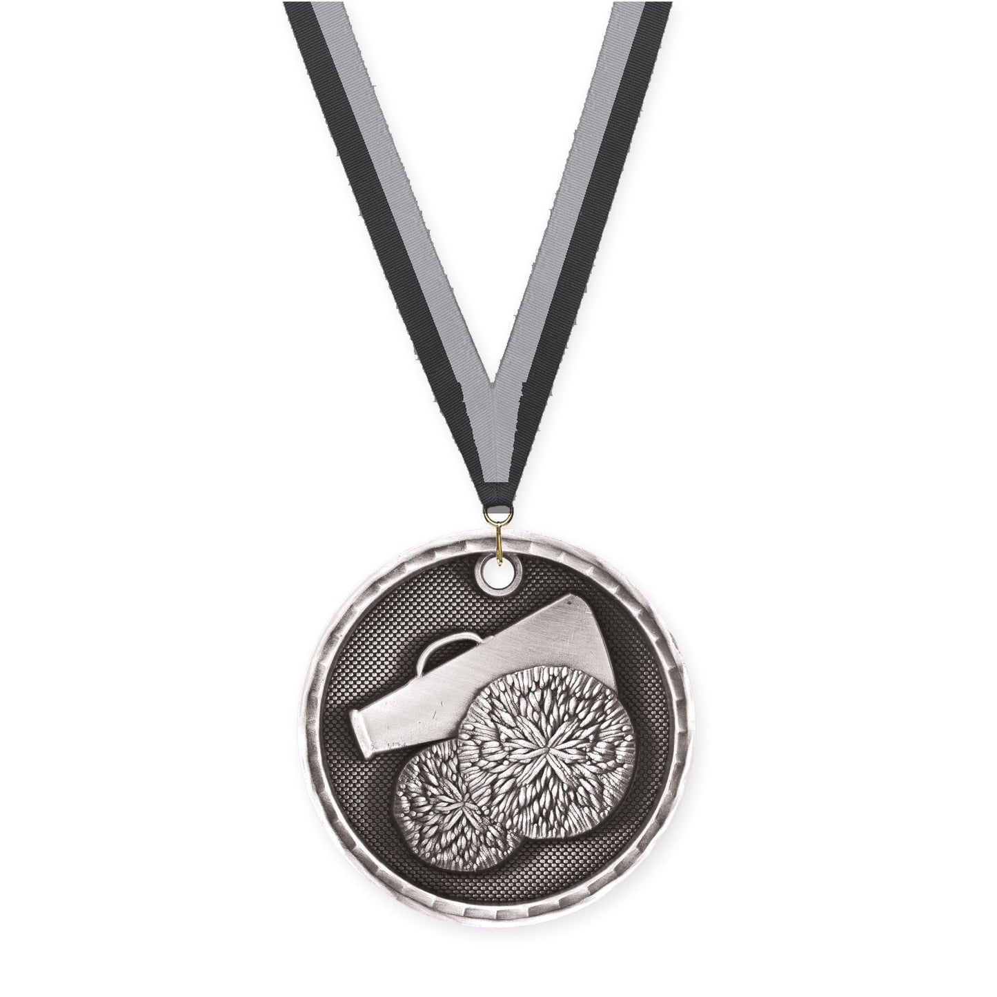 2 inch cheerleading 3-D medal in antique silver with Black Gray neck ribbon