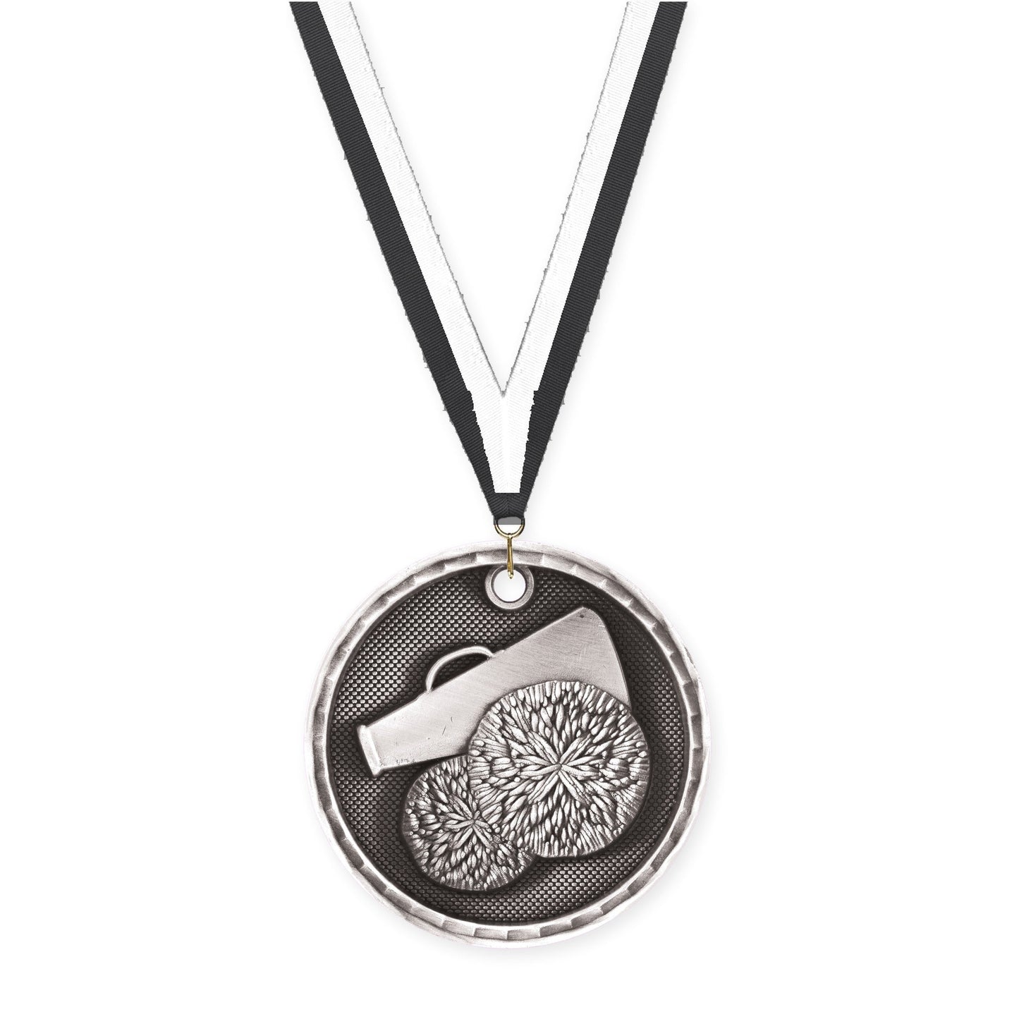 2 inch cheerleading 3-D medal in antique silver with Black White neck ribbon