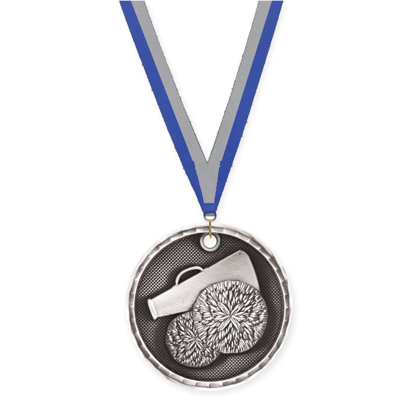 2 inch cheerleading 3-D medal in antique silver with Blue Gray neck ribbon