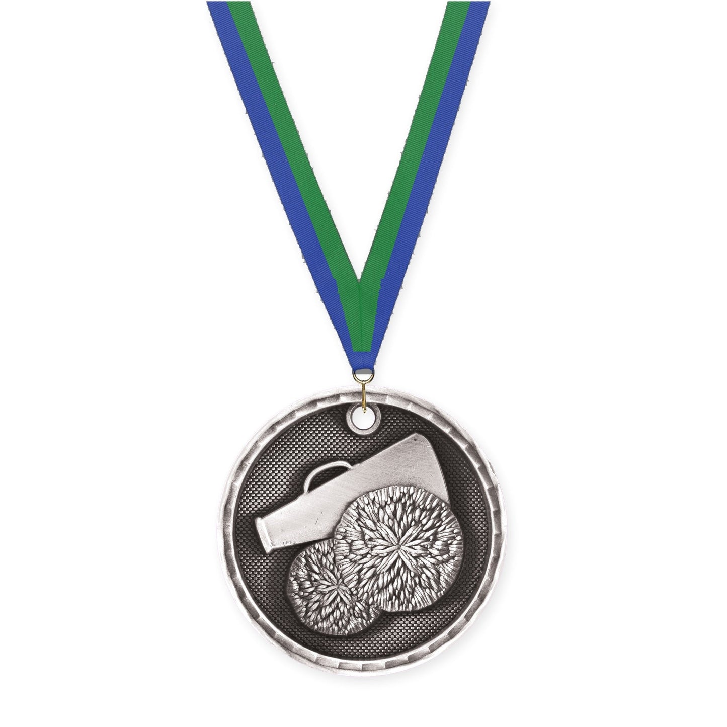 2 inch cheerleading 3-D medal in antique silver with Blue Green neck ribbon