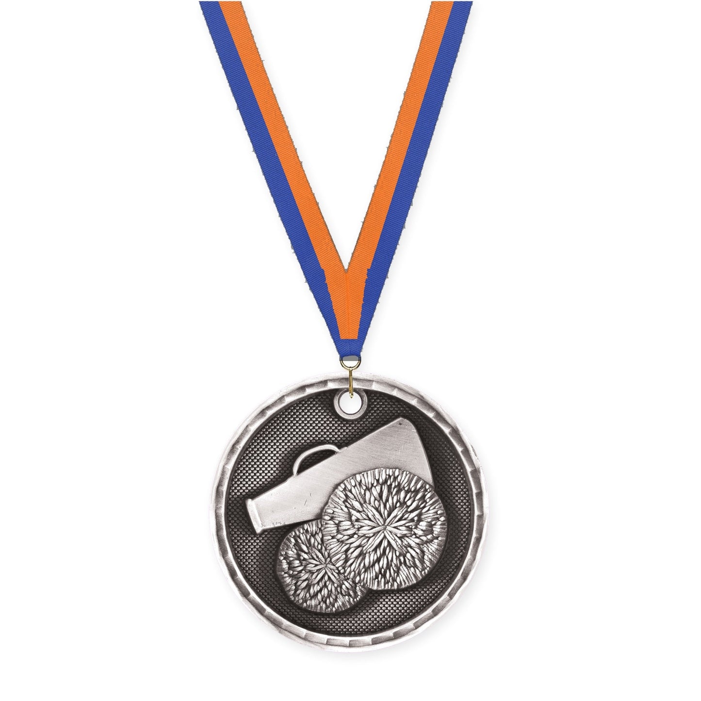 2 inch cheerleading 3-D medal in antique silver with Blue Orange neck ribbon