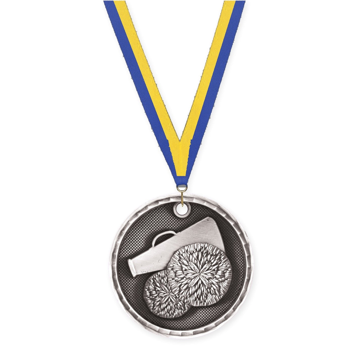 2 inch cheerleading 3-D medal in antique silver with Blue Yellow neck ribbon