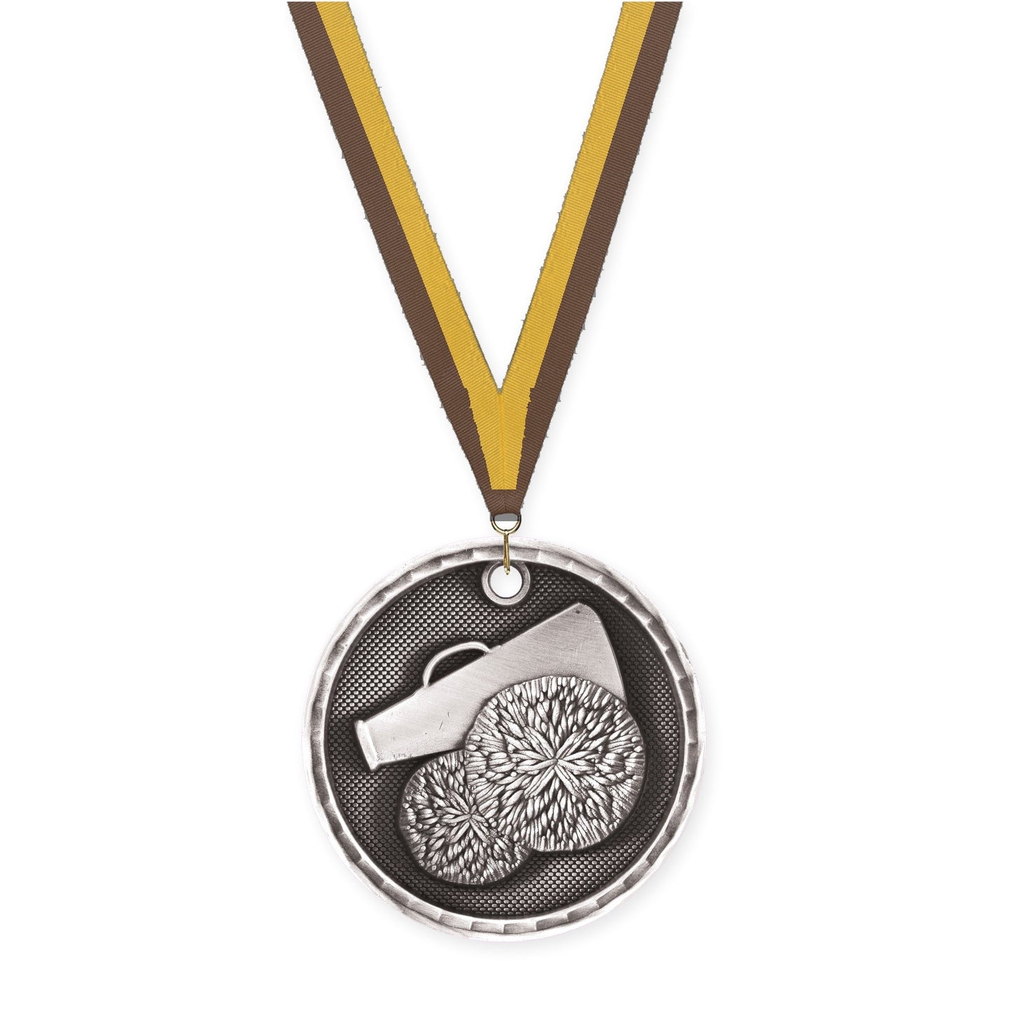 2 inch cheerleading 3-D medal in antique silver with Brown Gold neck ribbon