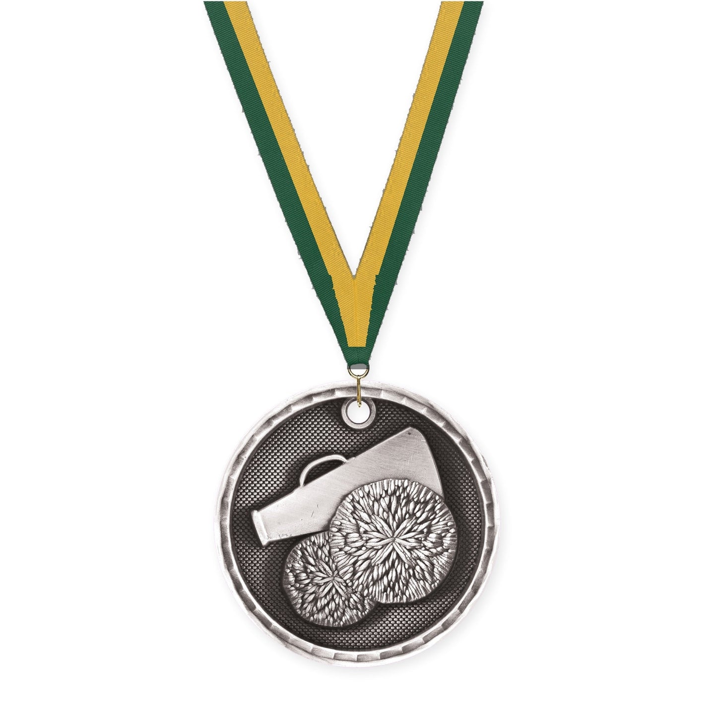 2 inch cheerleading 3-D medal in antique silver with Hunter Green Gold neck ribbon