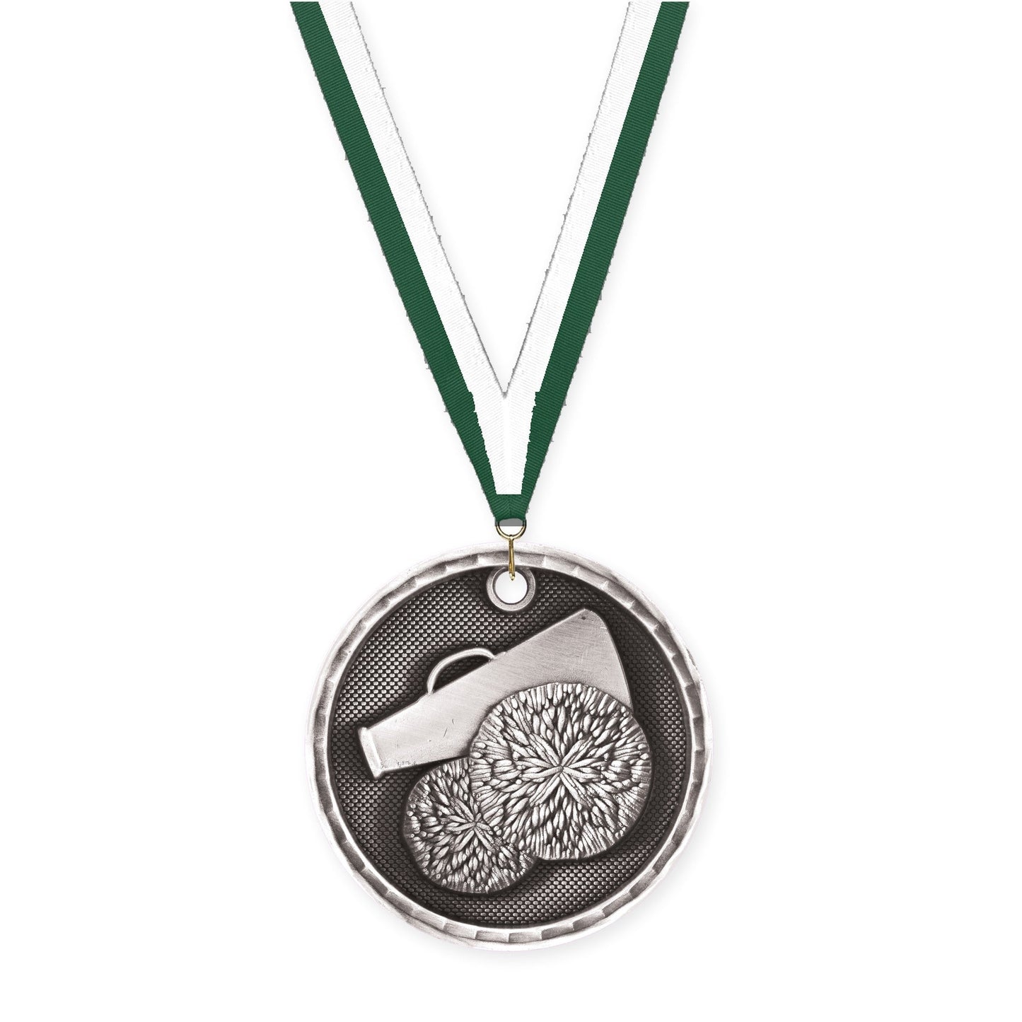 2 inch cheerleading 3-D medal in antique silver with Hunter Green White neck ribbon