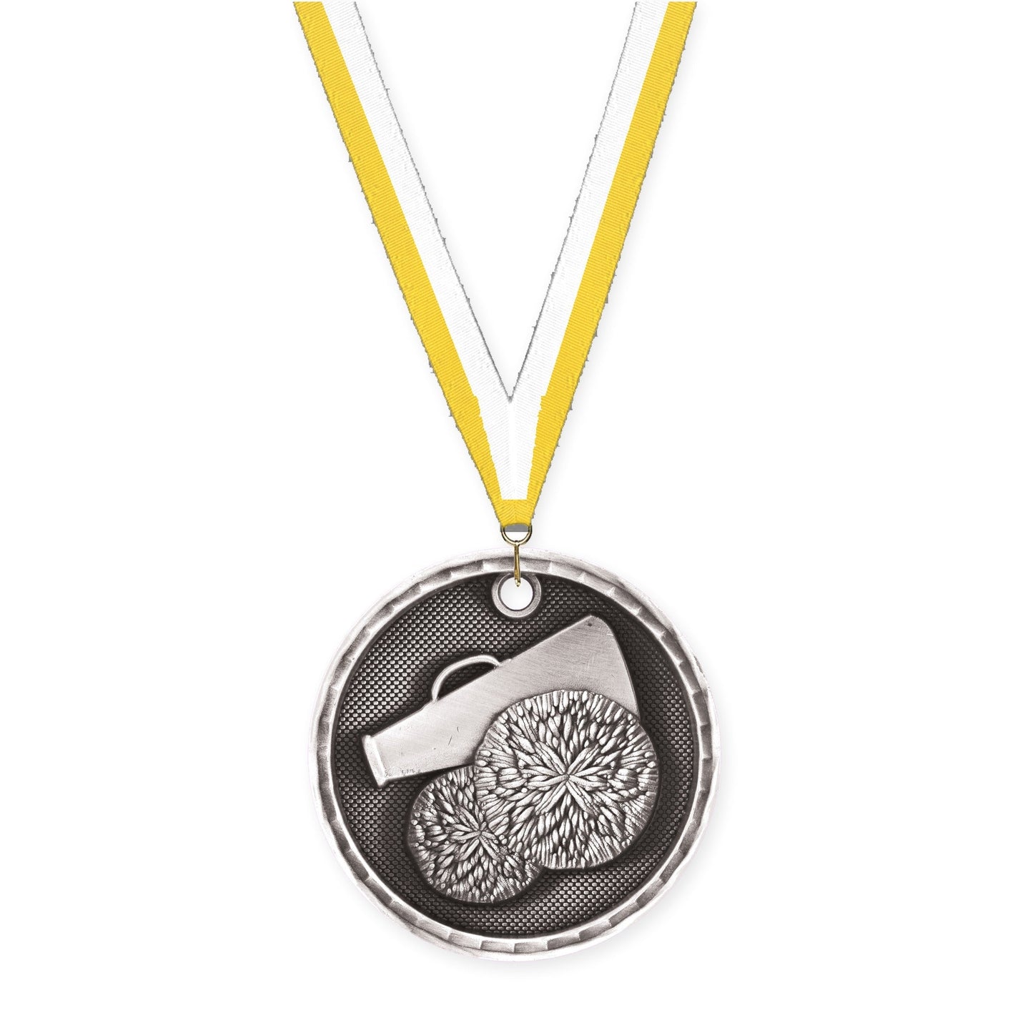 2 inch cheerleading 3-D medal in antique silver with Yellow White neck ribbon