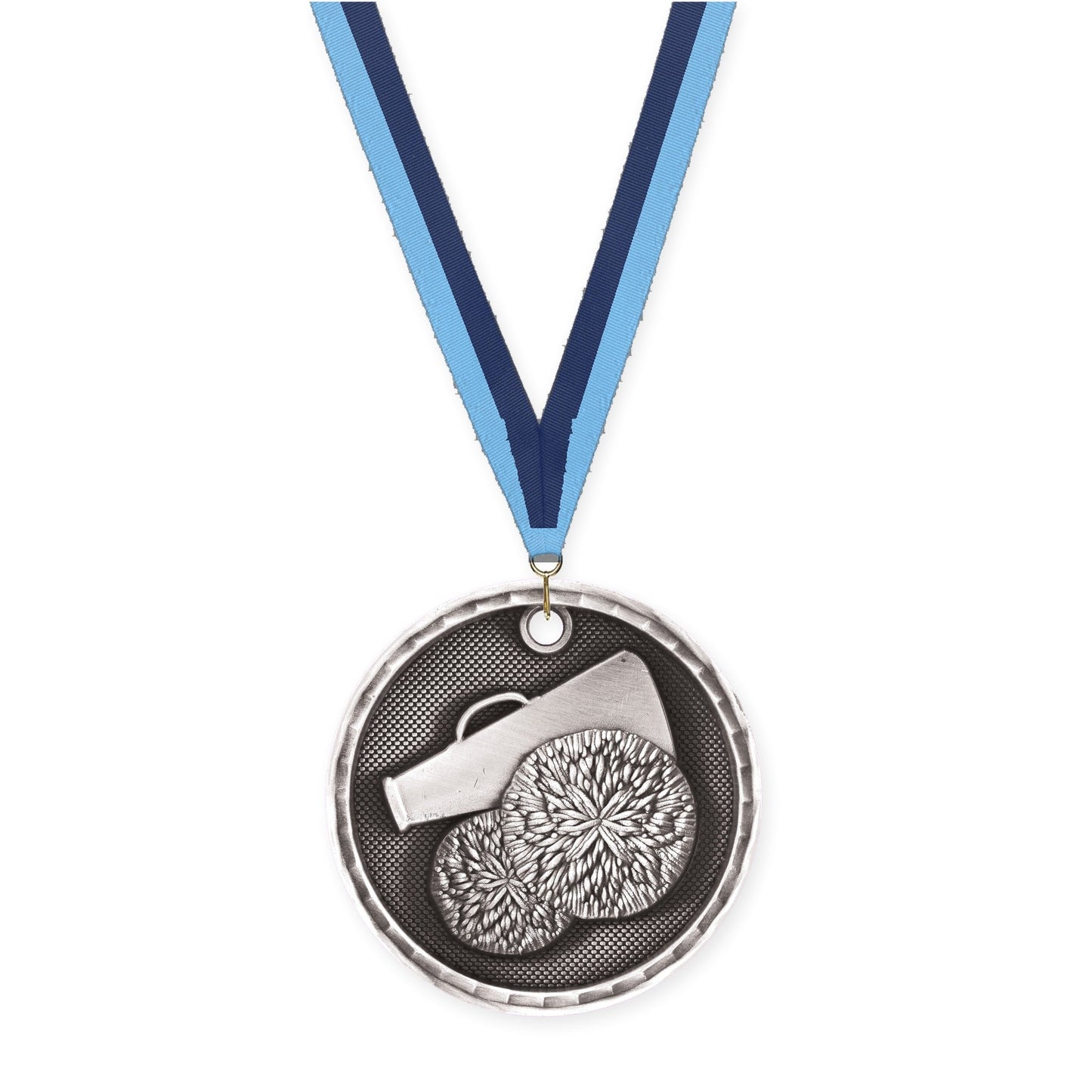 2 inch cheerleading 3-D medal in antique silver with Light Blue Navy neck ribbon