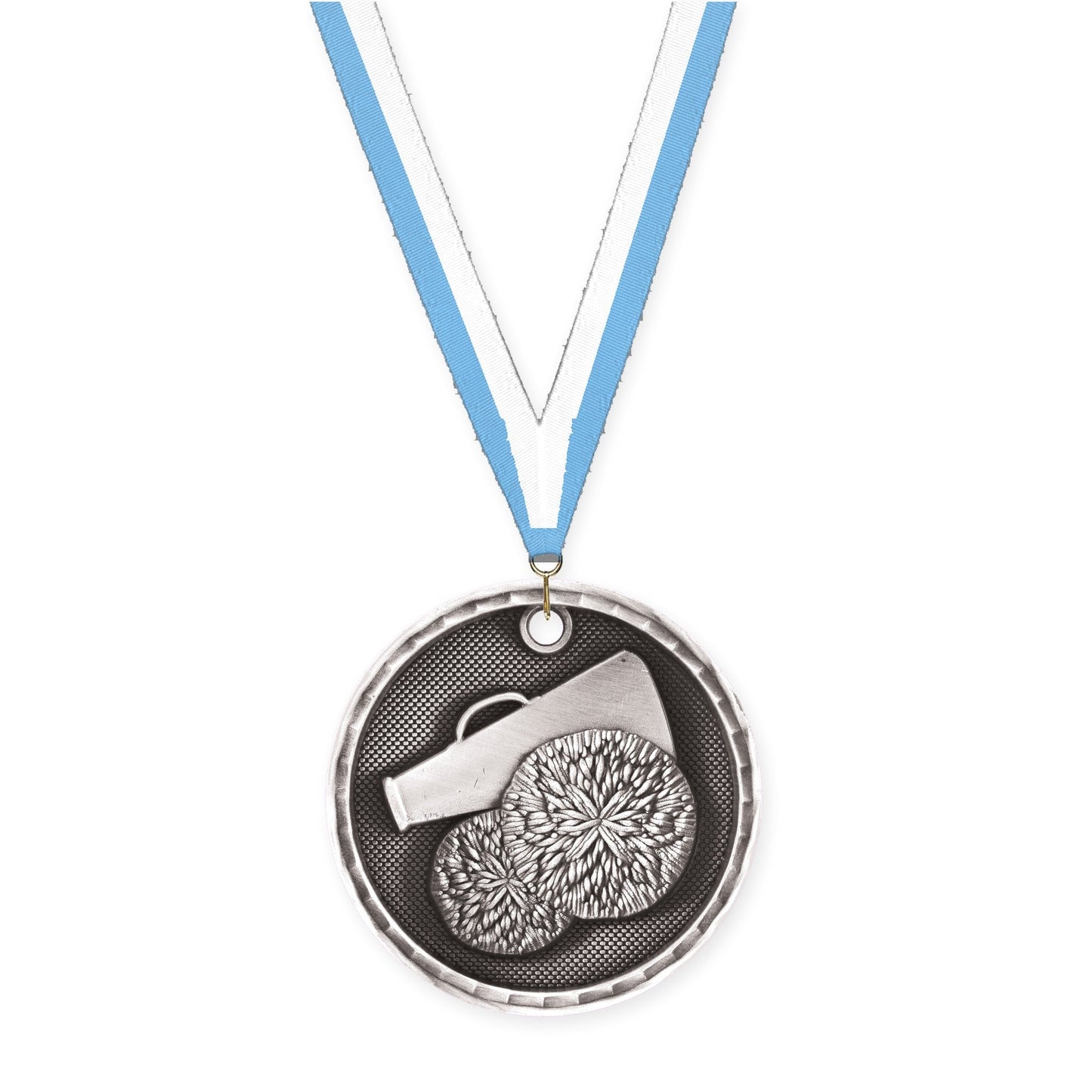 2 inch cheerleading 3-D medal in antique silver with Light Blue White neck ribbon