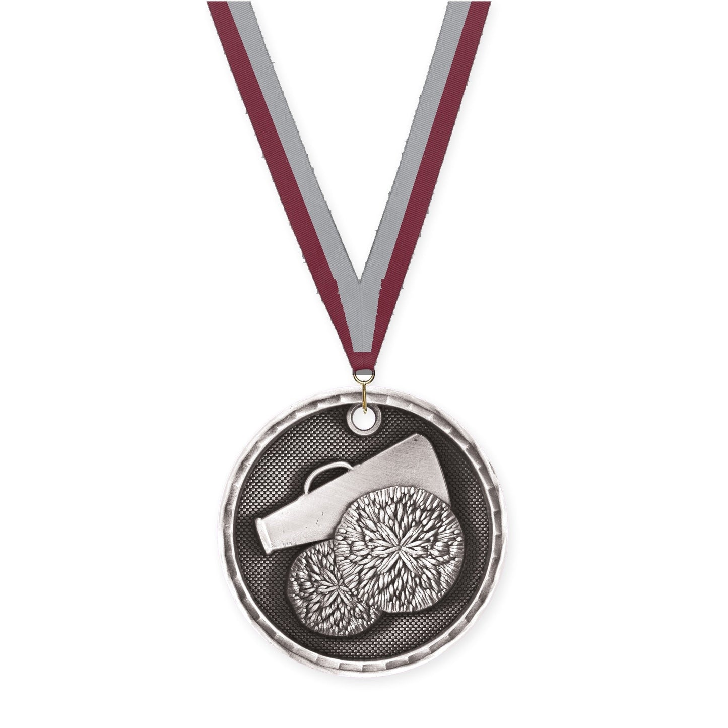 2 inch cheerleading 3-D medal in antique silver with Maroon Gray neck ribbon