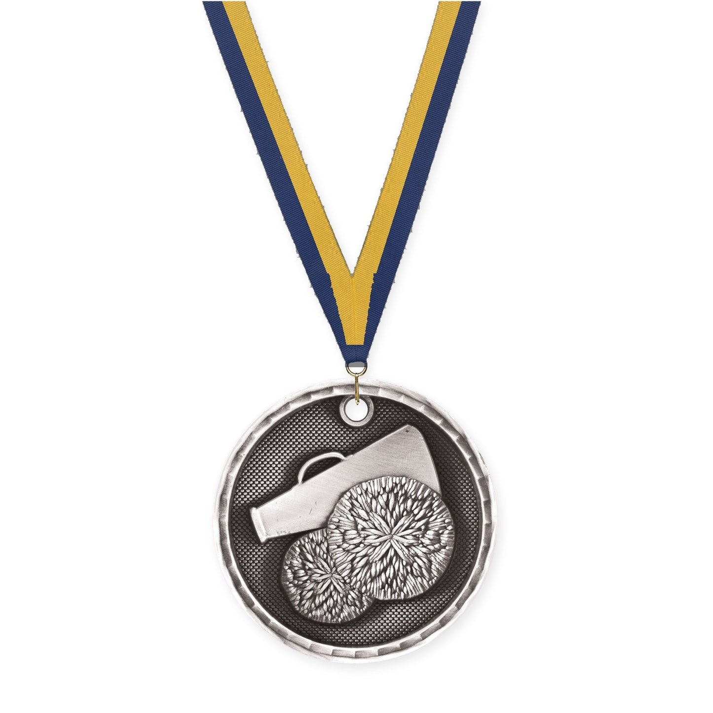 2 inch cheerleading 3-D medal in antique silver with Navy Gold neck ribbon