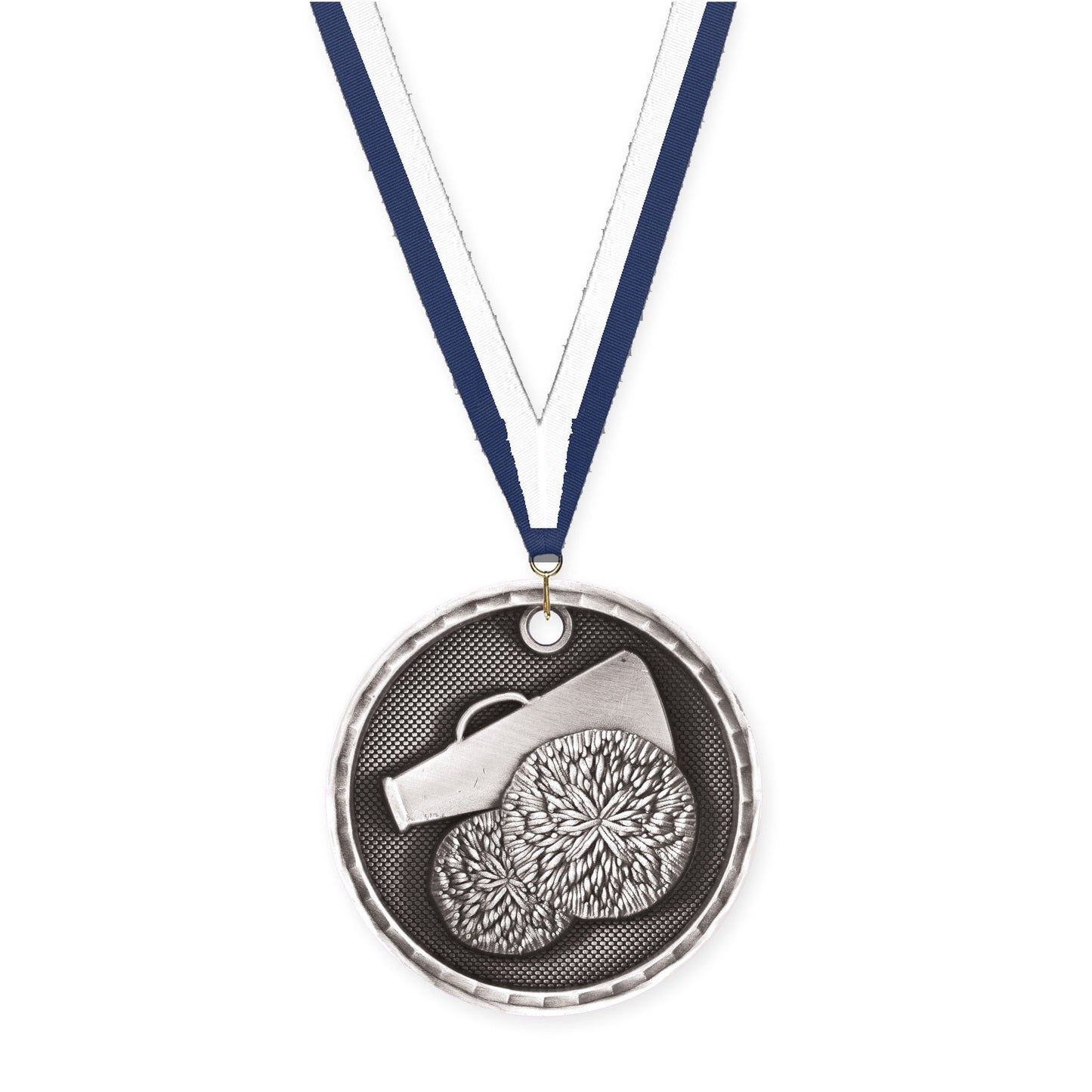 2 inch cheerleading 3-D medal in antique silver with Navy White neck ribbon