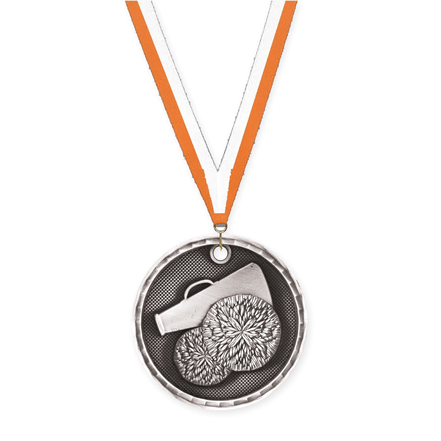 2 inch cheerleading 3-D medal in antique silver with Orange White neck ribbon