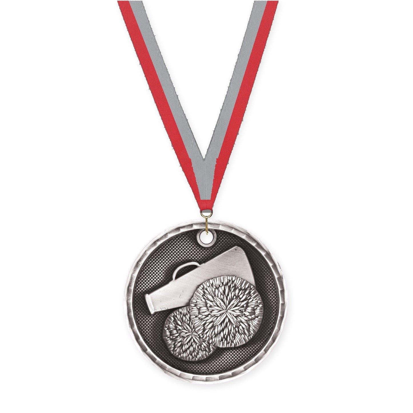 2 inch cheerleading 3-D medal in antique silver with Red Gray neck ribbon